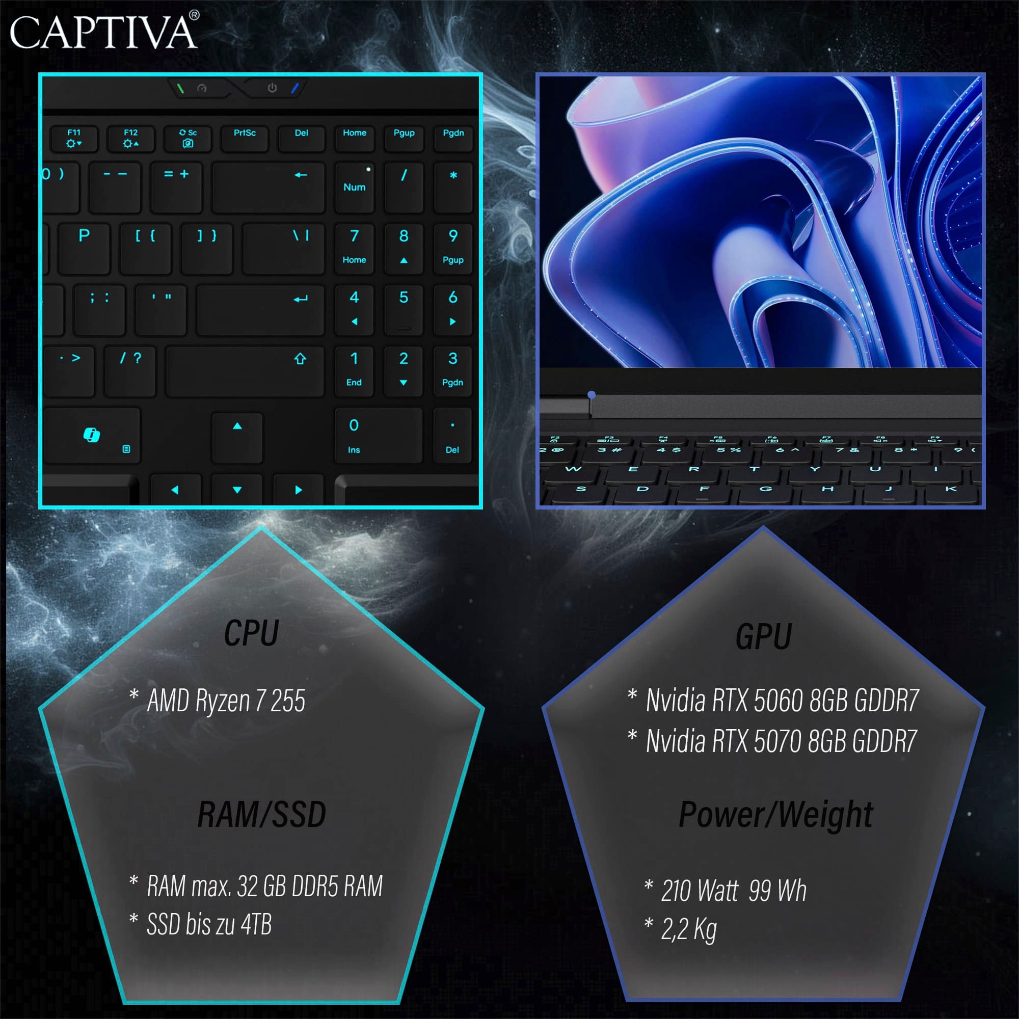 CAPTIVA Gaming-Notebook »Highend Gaming R10-1028GE« 38,9 cm / 15,3 ″ AMD Ryzen 7 GeForce RTX 5070 1.000 GB SSD
