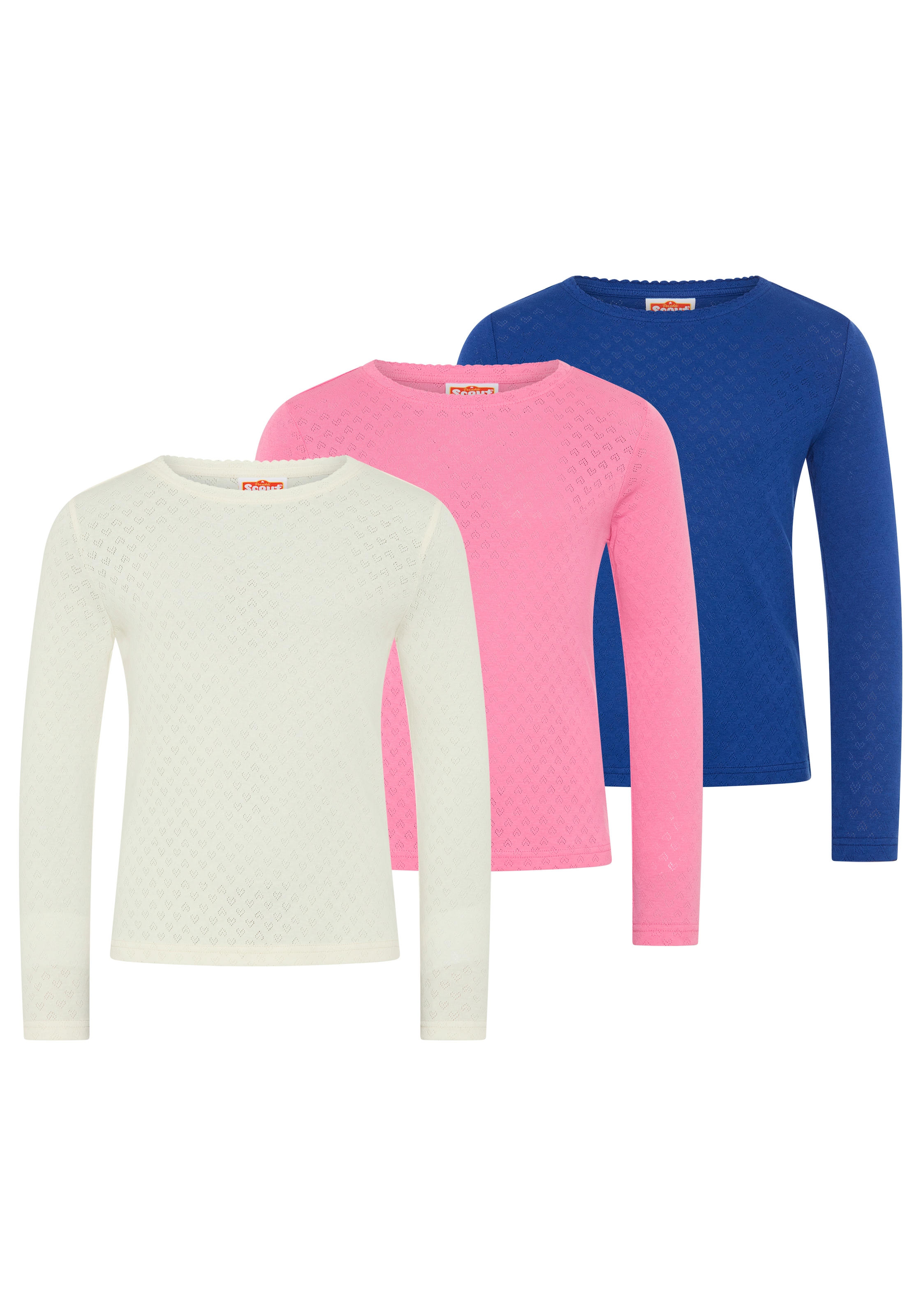 Scout Langarmshirt "3er Pack Shirt in Herz-Ajours Material - NEU von SCOUT" Packung, 3, 3 Langarmshirts mit Ajourstrickmuster, hüftlange Basic-Passform