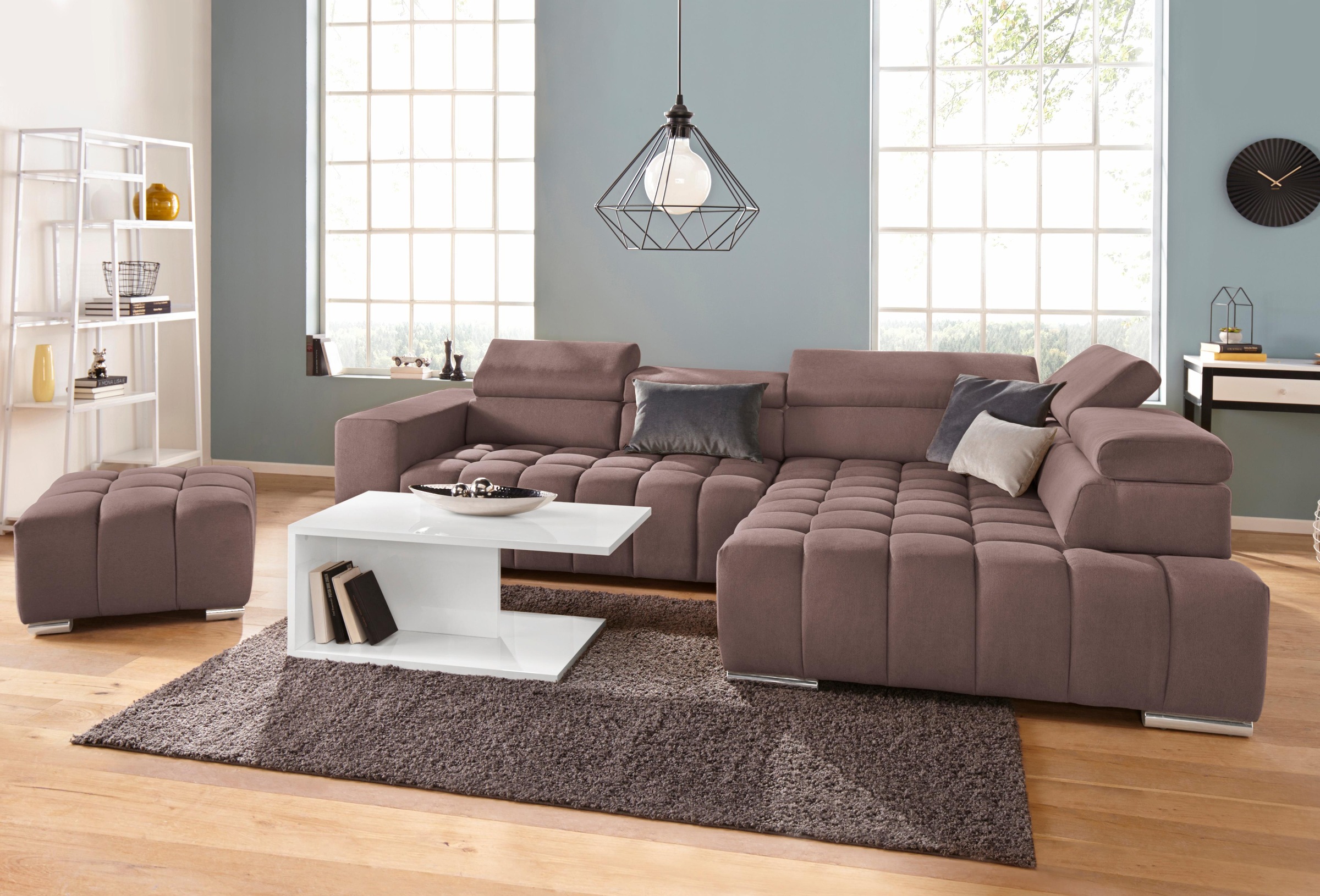 Ecksofa EXXPO - SOFA FASHION "Elias, aktuelle Kreuzsteppung im Sitz, bequem, Breite 307cm, L-Form", braun (hellbraun), B:307cm H:94cm T:201cm, Struktur ( 100% Polyester), Sofas, Ecksofa, mit Kopf- bzw. Rückenverstellung, wahlweise mit Bettfunktion 2