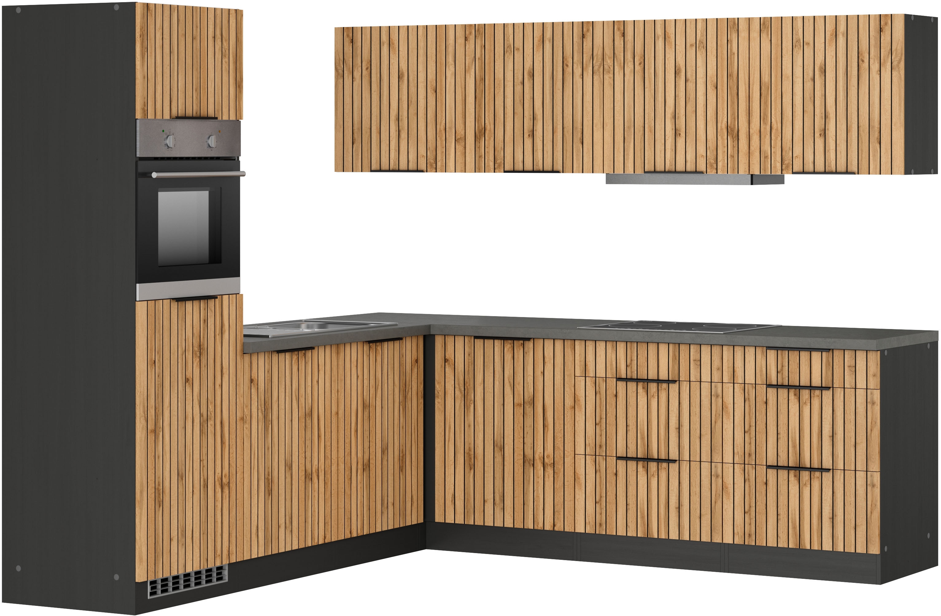 KOCHSTATION Winkelküche "KS-Lagos, Stellbreite 240/240 cm, wahlweise mit E-Geräten" GK-oder Induktionskochfeld,Kühlschrank,Spüle edelstahl oder schwarz