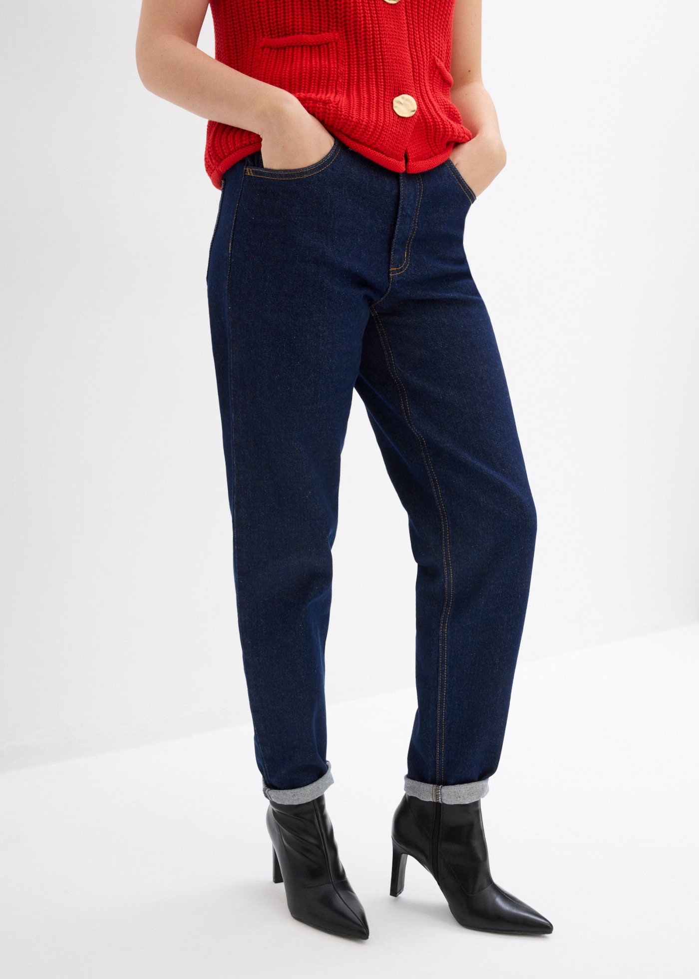 bonprix Mom-Jeans hoher Bund, verkürzte Beinlänge, lockere Passform, mit Elasthan-Anteil
