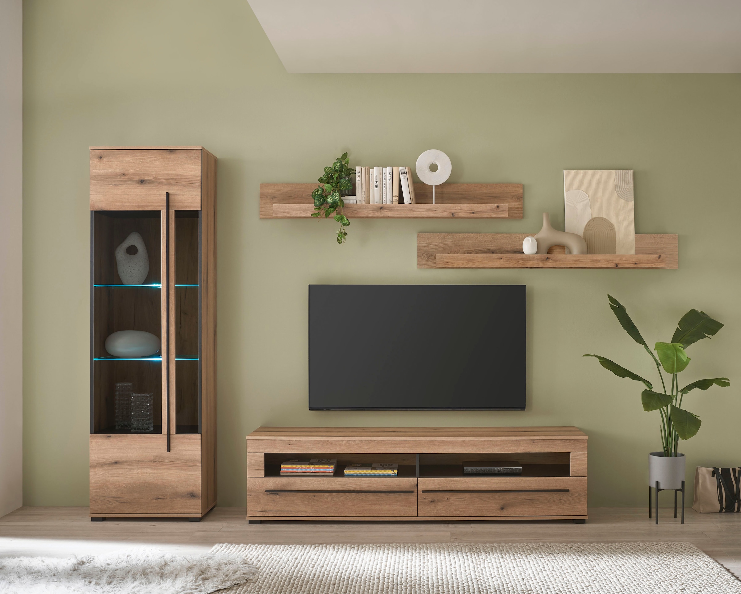 INOSIGN Wohnwand »Cantara, moderne Anbauwand, Wohnzimmer-Set, in Eiche Evoke oder Weiß«, (Set), enthält eine Vitrine, ein Lowboard und zwei Wandboards