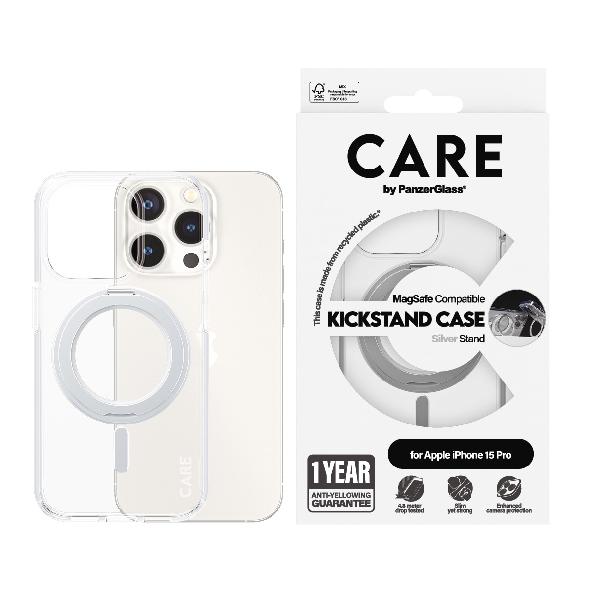 Handyhülle "Kickstand Case mit MagSafe für Apple iPhone 15 Pro", B:11cm H:2cm T:19,5cm, transparent, CARE BY PANZERGLASS, Hüllen, Backcover,