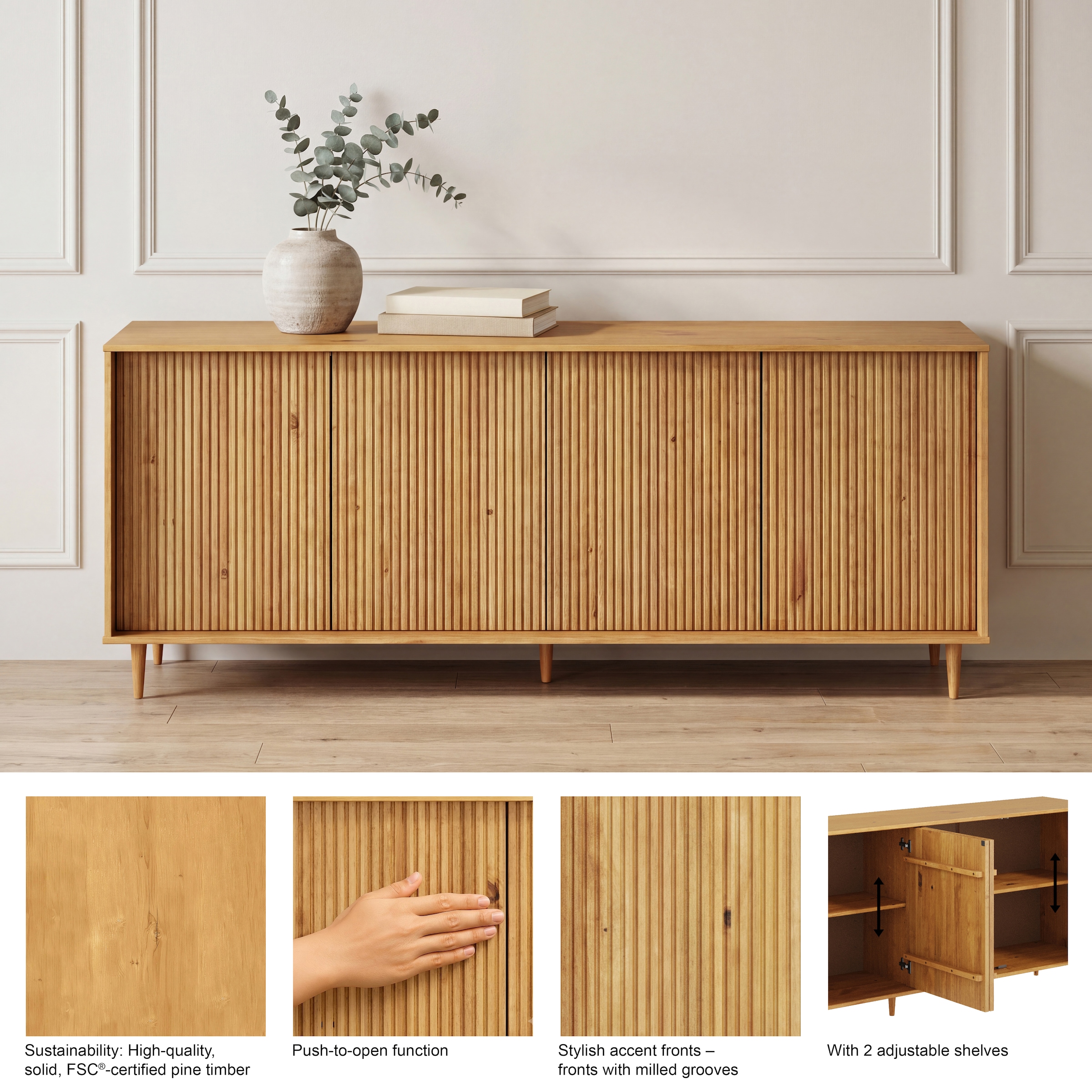 OTTO home Sideboard »Malmedy Front mit gefrästen Rillen« Kommode aus massivem Kiefernholz, Push-to-open, FSC, Breite 200 cm
