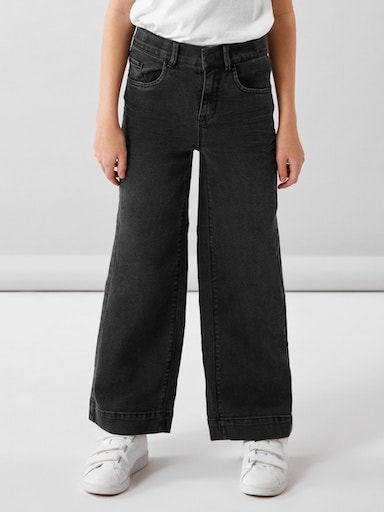 NAME IT Mädchen Weite Jeans "NKFROSE für Mädchen mit weitem Bein und High Waist", schwarz, Gr. 140, unifarben, Denim/Jeans, Obermaterial: 74%