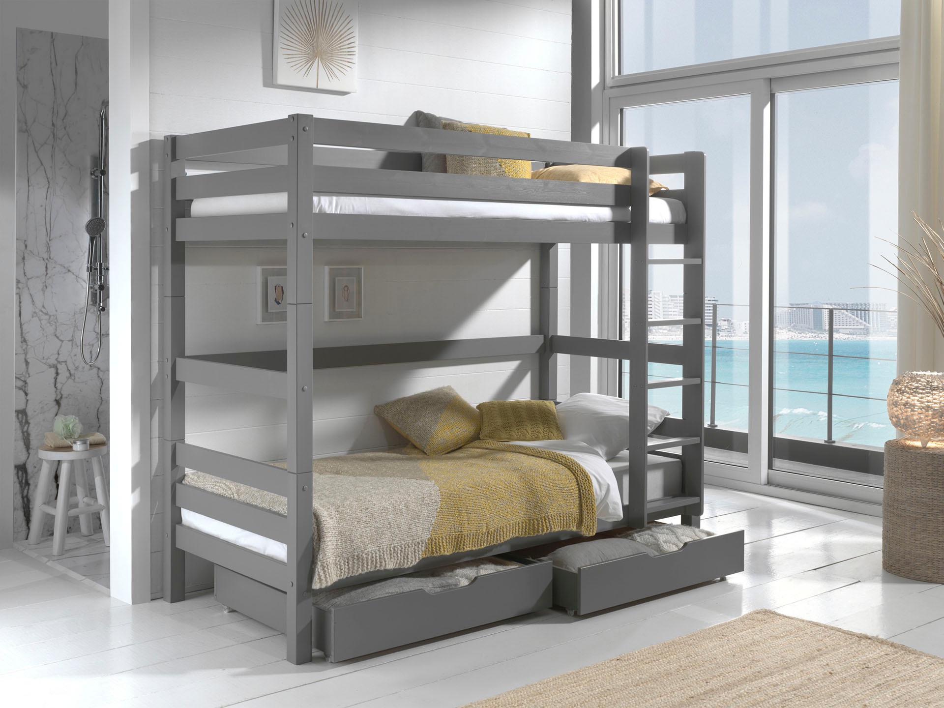 Vipack Etagenbett "Pino, inkl. Rolllattenrost, Leiter und Absturzschutz" B/H/T ca. 210x182x105cm, massiv Kiefer verschiedene Farben, wahlweise ohne Schublade, mit 1 großen, 2 kleinen Bettschubladen