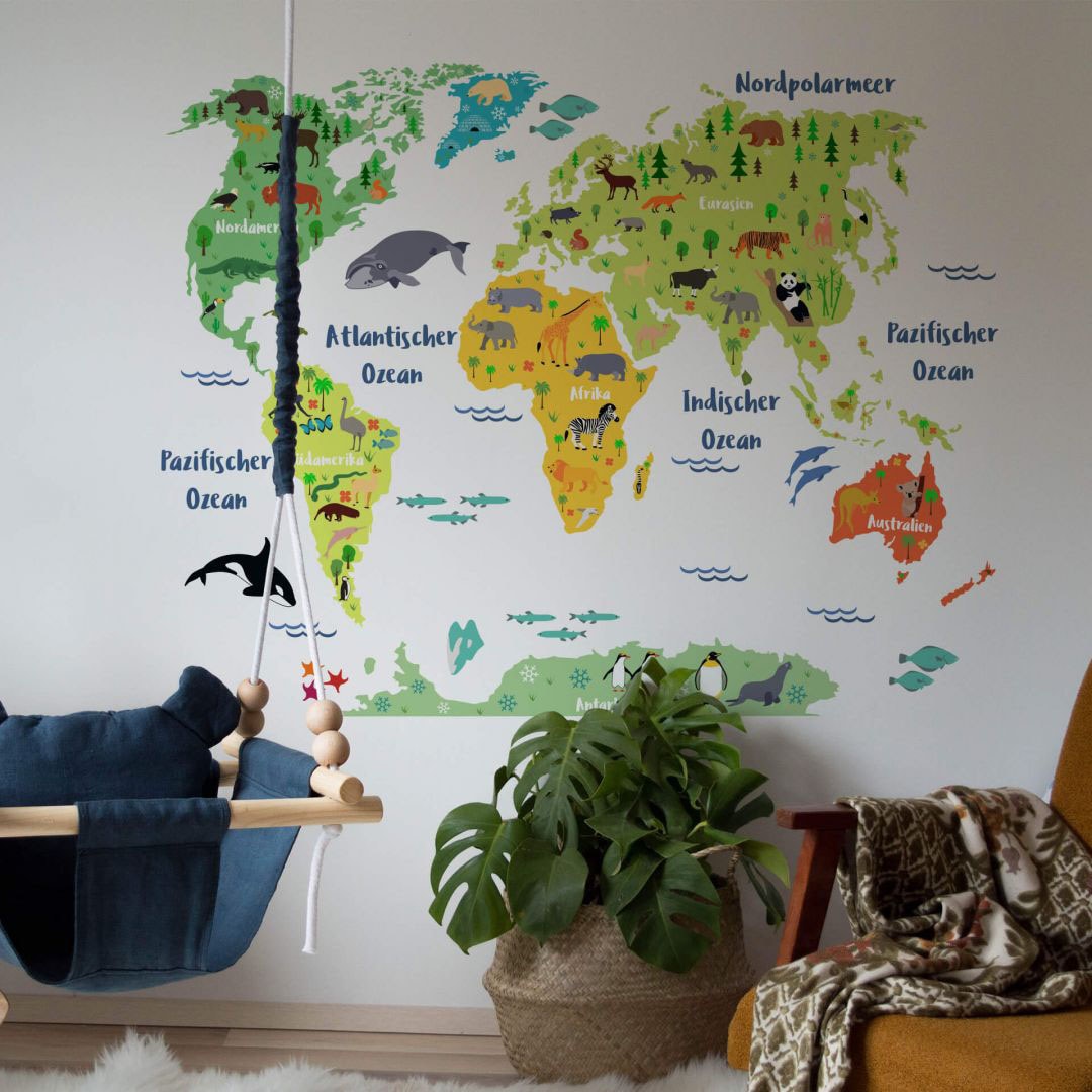 Wall-Art Wandtattoo kaufen BAUR Kinderzimmer«, Weltkarte St.) »Tierwelt | (1