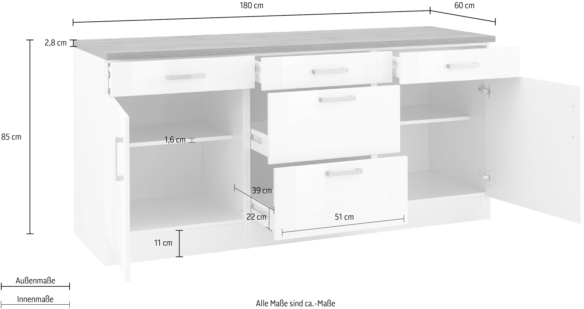 KOCHSTATION Unterschrank »KS-Tinnum«, 180 cm breit, Metallgriffe, MDF Fronten, 3 Schubkästen, 2 Auszüge