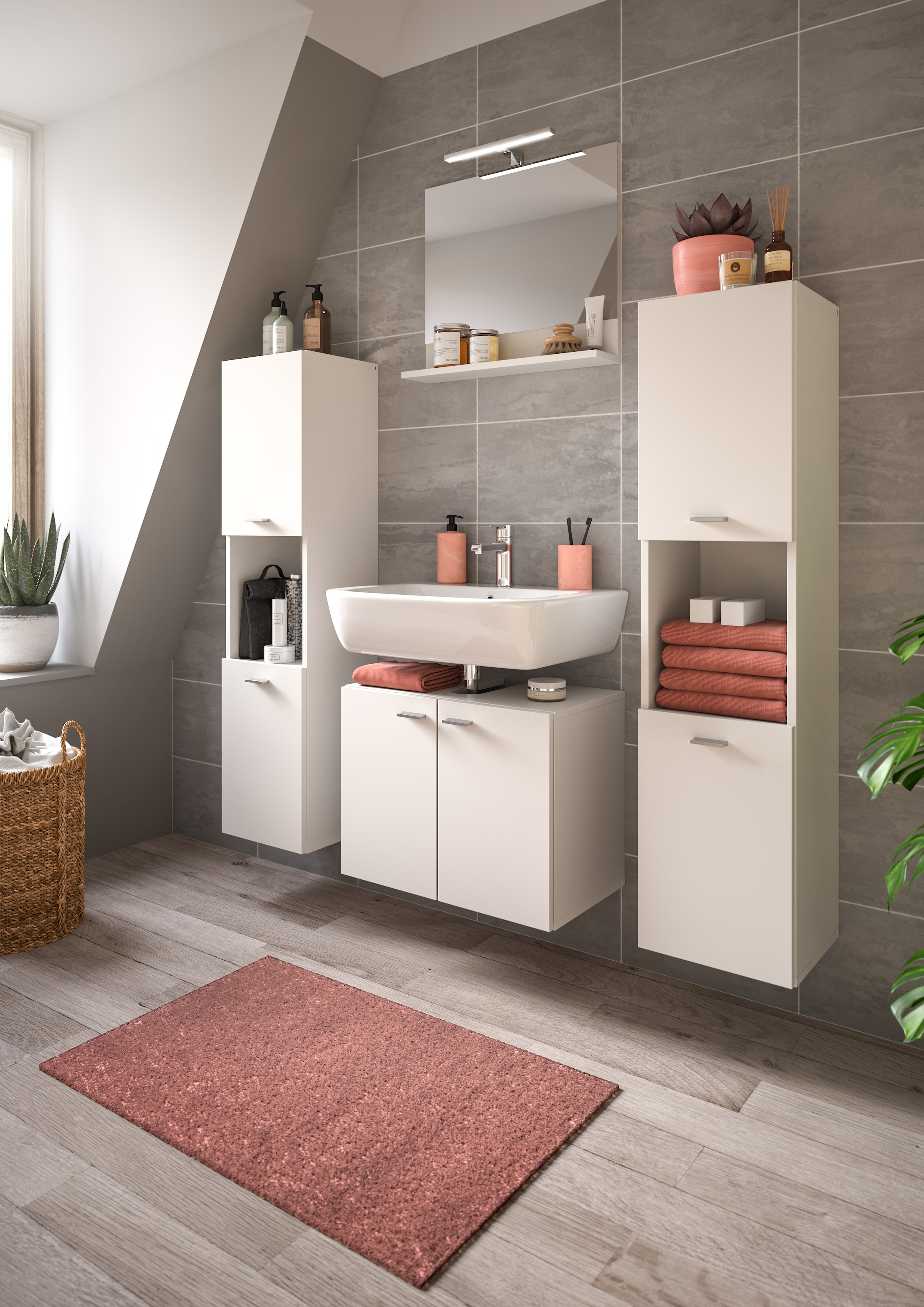 welltime Badmöbel-Set »Tampa, Breite 137cm, 4-teilig«, (4 St.), Waschbeckenunterschrank, Spiegel, Hochschrank