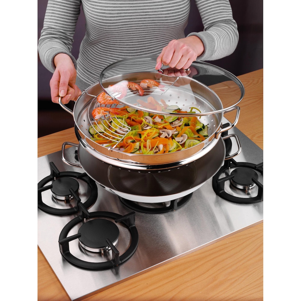 WMF Wok »Macao«, Cromargan® Edelstahl Rostfrei 18/10, (Set, 4 tlg., 1 x Wok mit Glasdeckel, Dämpfeinsatz, Rezeptheft)