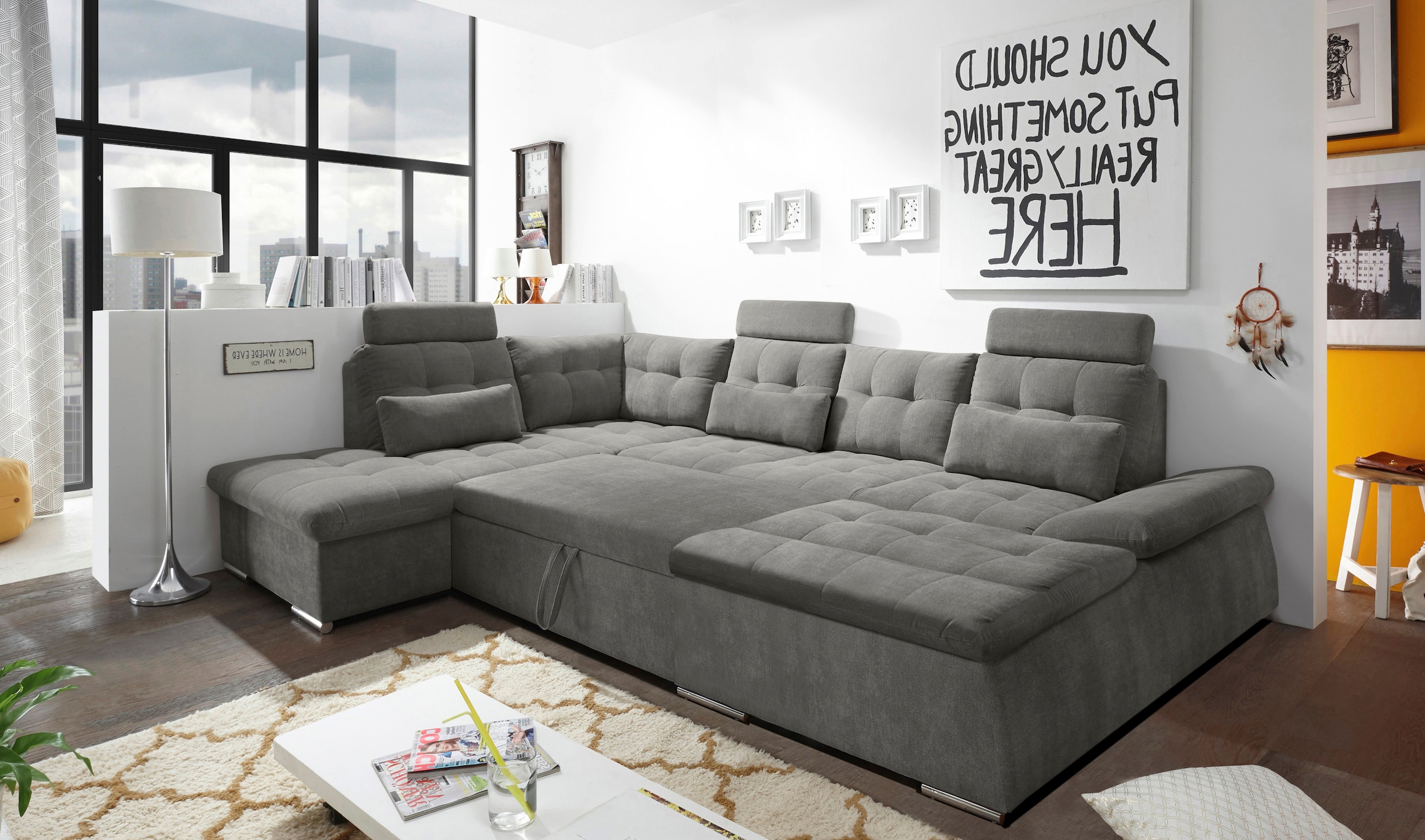 ED EXCITING DESIGN Wohnlandschaft »Nalo U-Form mit Bettfunktion, Bettkasten«, Armteilverstellung, Kopfstützen & 3 Nierenkissen