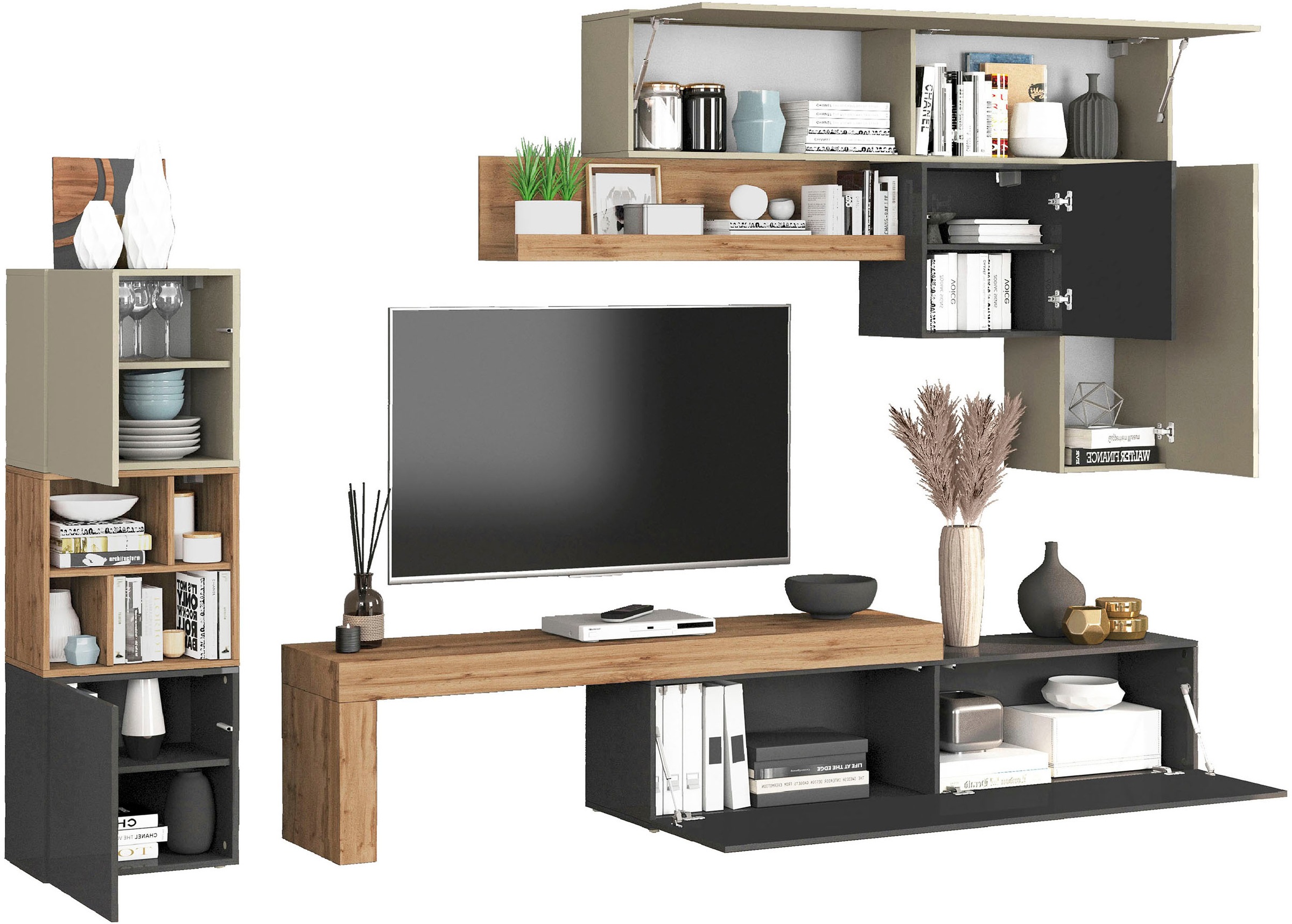 INOSIGN Wohnwand »Chronos Wohnwand, Medienwand, 8-er set«, (Set, 8 St.), ca. 320 cm mit Hängeschränke, Würfel, Regal, Lowboard, Made in Italy