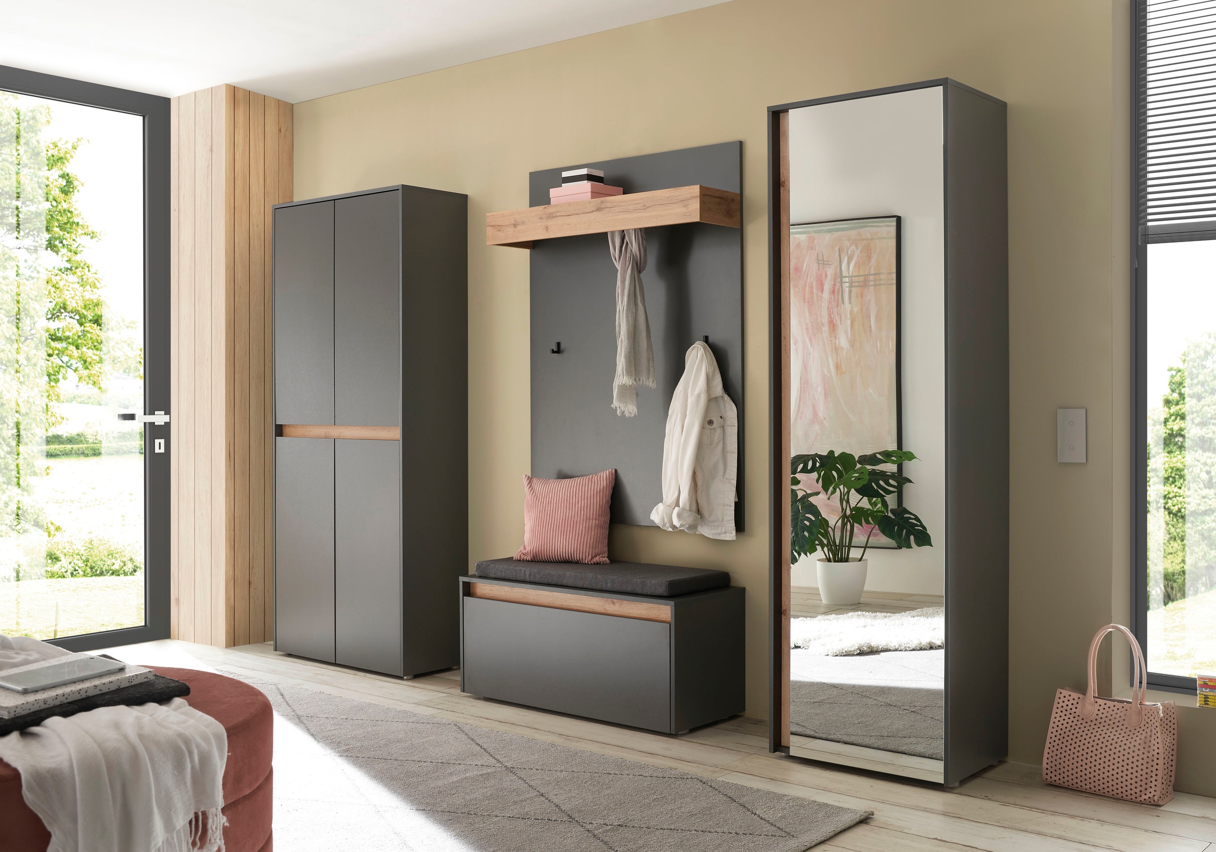 INOSIGN Garderoben-Set »City/Giron, moderne Garderobe, viel Stauraum, ca. 40 Schuhe«, (Set, 4 St.), enthält Schrank mit Spiegel, Schuhschrank, Paneel &Bank inkl. Kissen