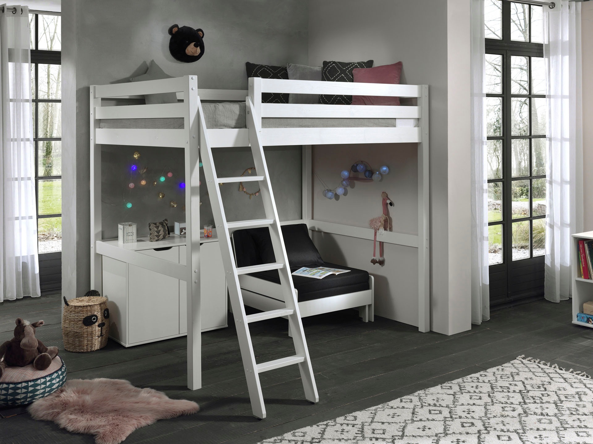Vipack PINO Lit mezzanine 140x200 + Commode 2 portes +  Lit transformable en fauteuil