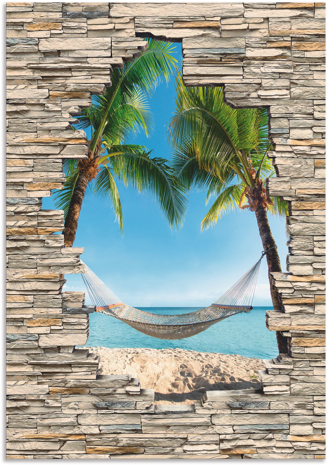 Artland Wandbild "Palmenstrand Karibik Hängematte Stein" Karibikbilder 1 St günstig online kaufen