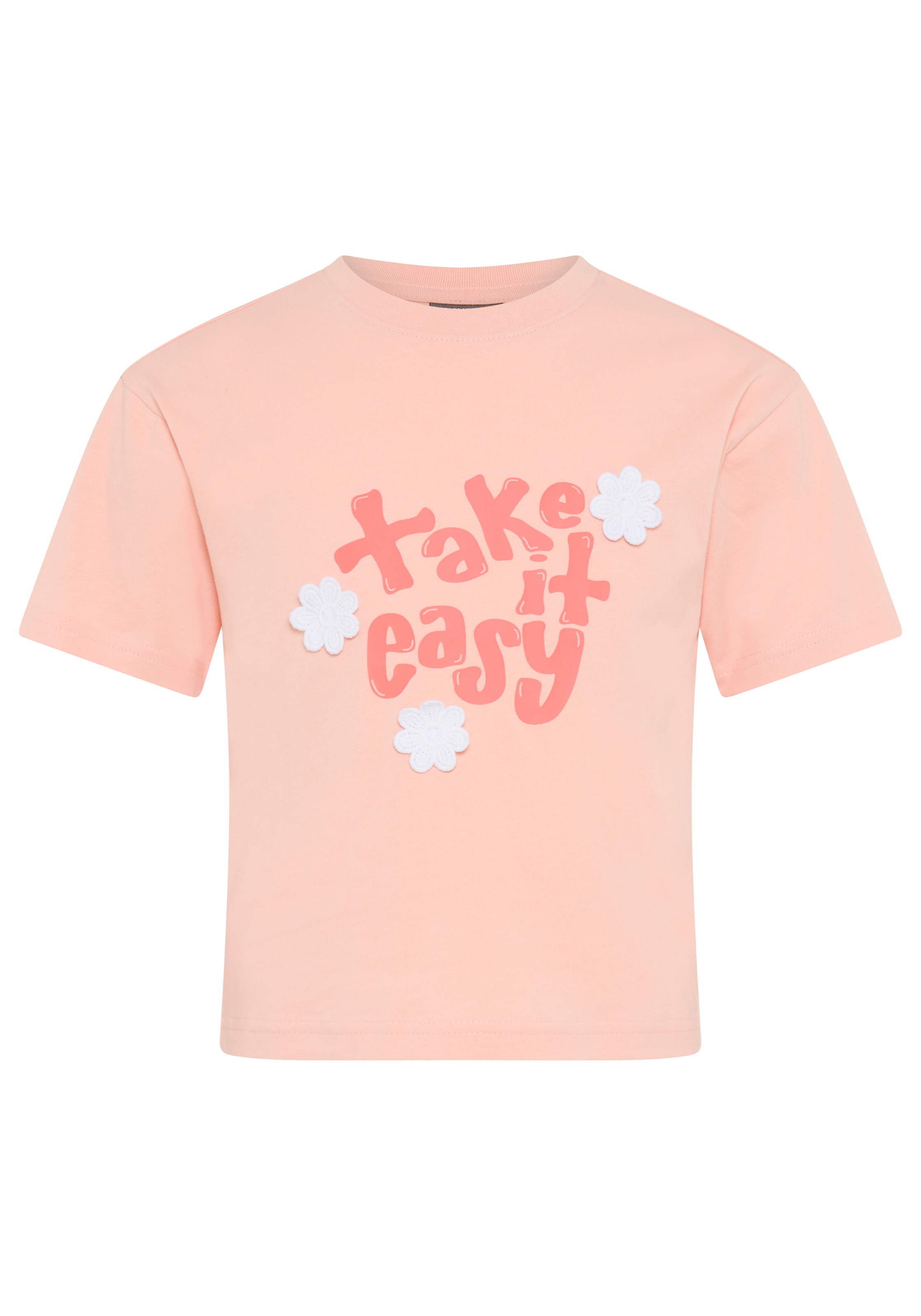 KIDSWORLD T-Shirt »mit süßen Druck und Häckelblumen« lässige Passform, Kurzarm, geblümt, mit Häkelapplikation
