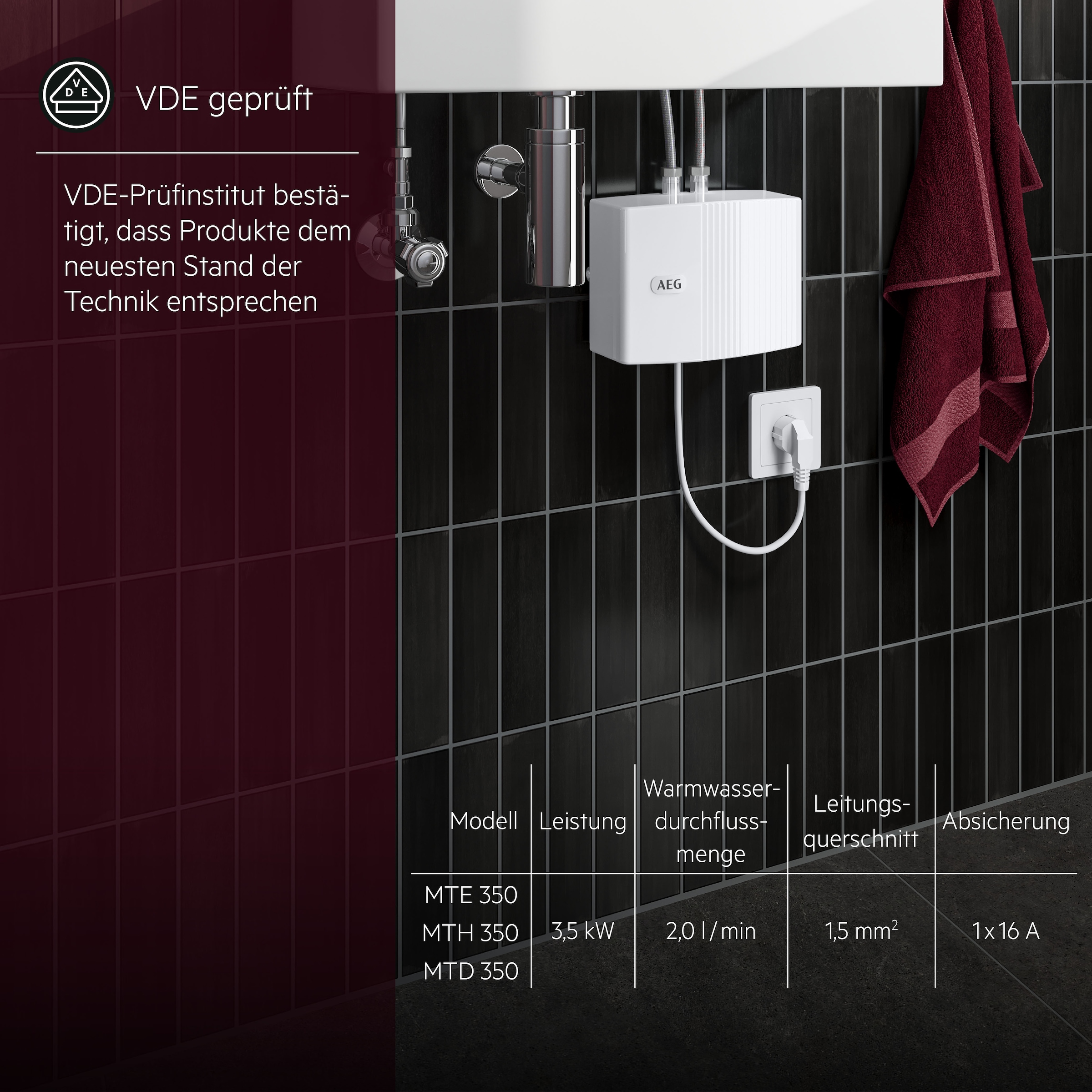 AEG Haustechnik Klein-Durchlauferhitzer »MTE 350 f. Handwaschbecken, 3,5 kW, m. Stecker« 230V, elektronisch, druckfest + drucklos