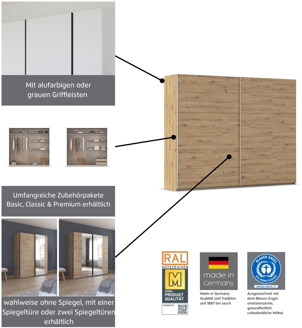 rauch Schwebetürenschrank »Kleiderschrank Drehtürenschrank Schrank Garderobe KRONACH TOPSELLER« in 3 Ausstattungen BASIC/CLASSIC/PREMIUM, Breiten 131/175/218/261 cm,  optional ohne, mit 1 oder 2 Spiegel, viel Stauraum MADE IN GERMANY