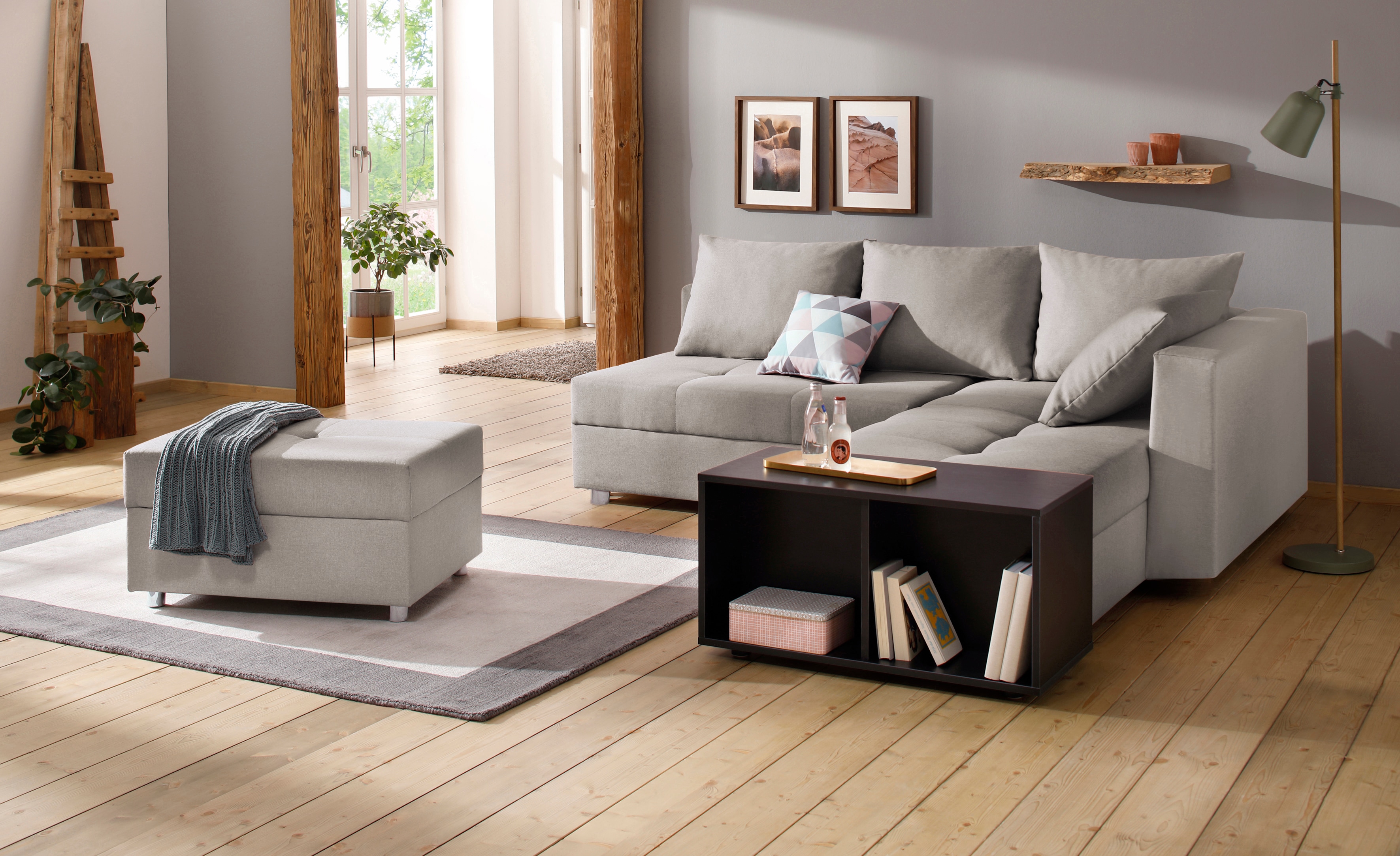 Home affaire Ecksofa "Italia L-Form, B: 217 cm, Schlaffunktion, Bettkasten" Federkern, frei stellbar, mit Zierkissen, Gästebettfunktion