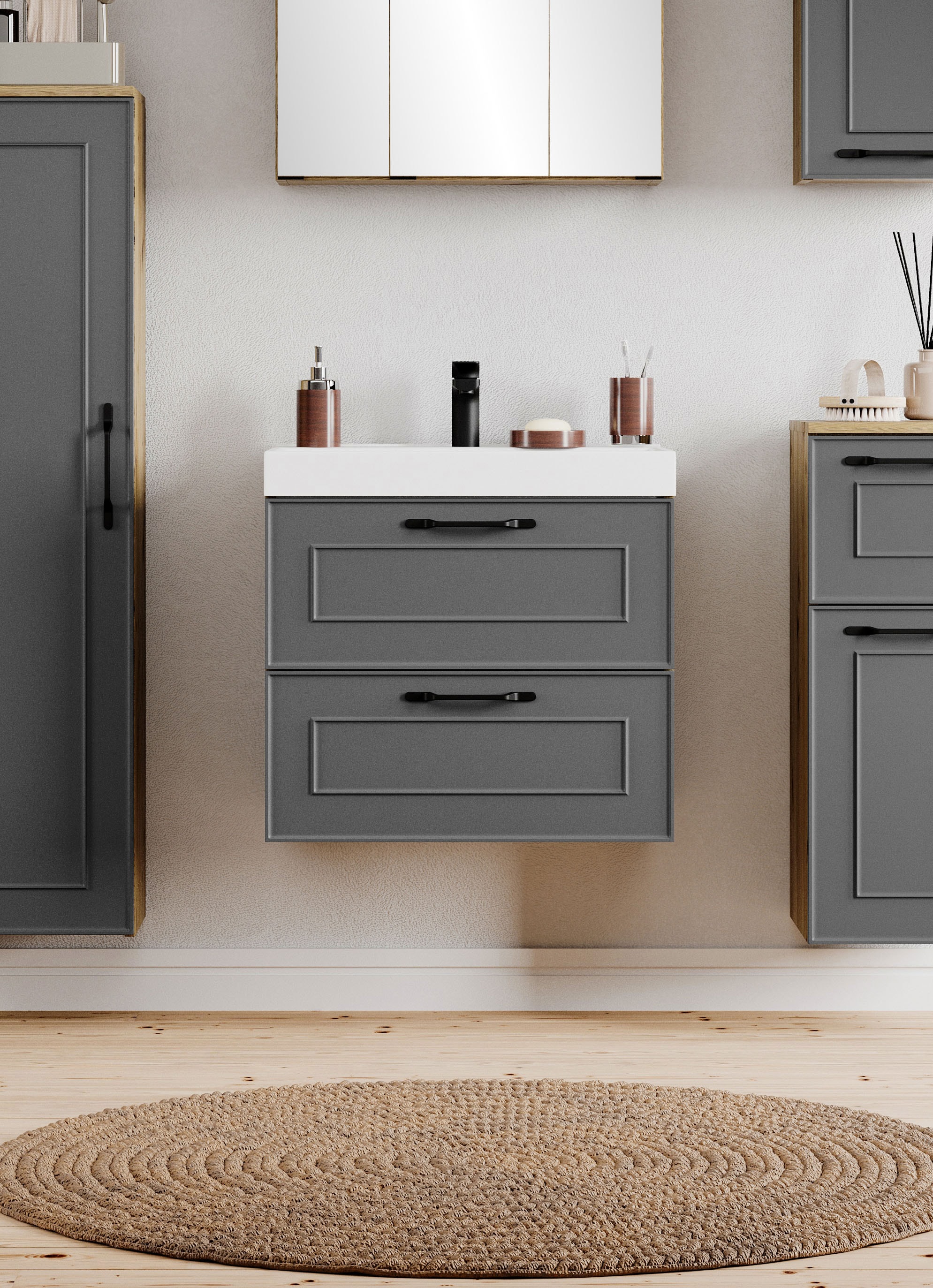 welltime Waschtisch »CADIZ, Waschtisch« matt grau, Landhaus-Optik, schwarze Aktzente