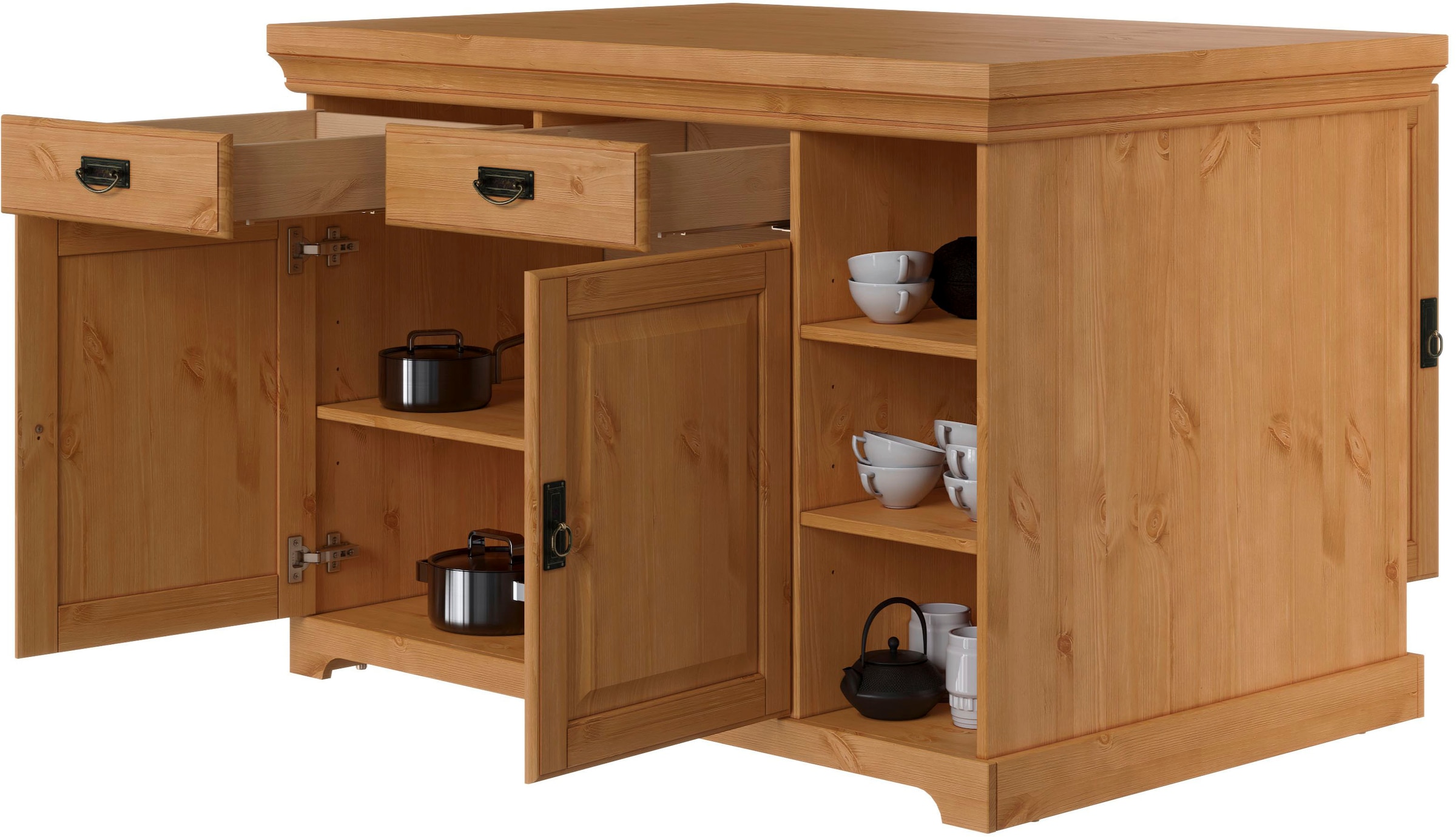 Home affaire Kücheninsel »Rügen«, Breite 130 cm, Kiefer massiv, mit Türen, Schubkästen, offenen Fächern
