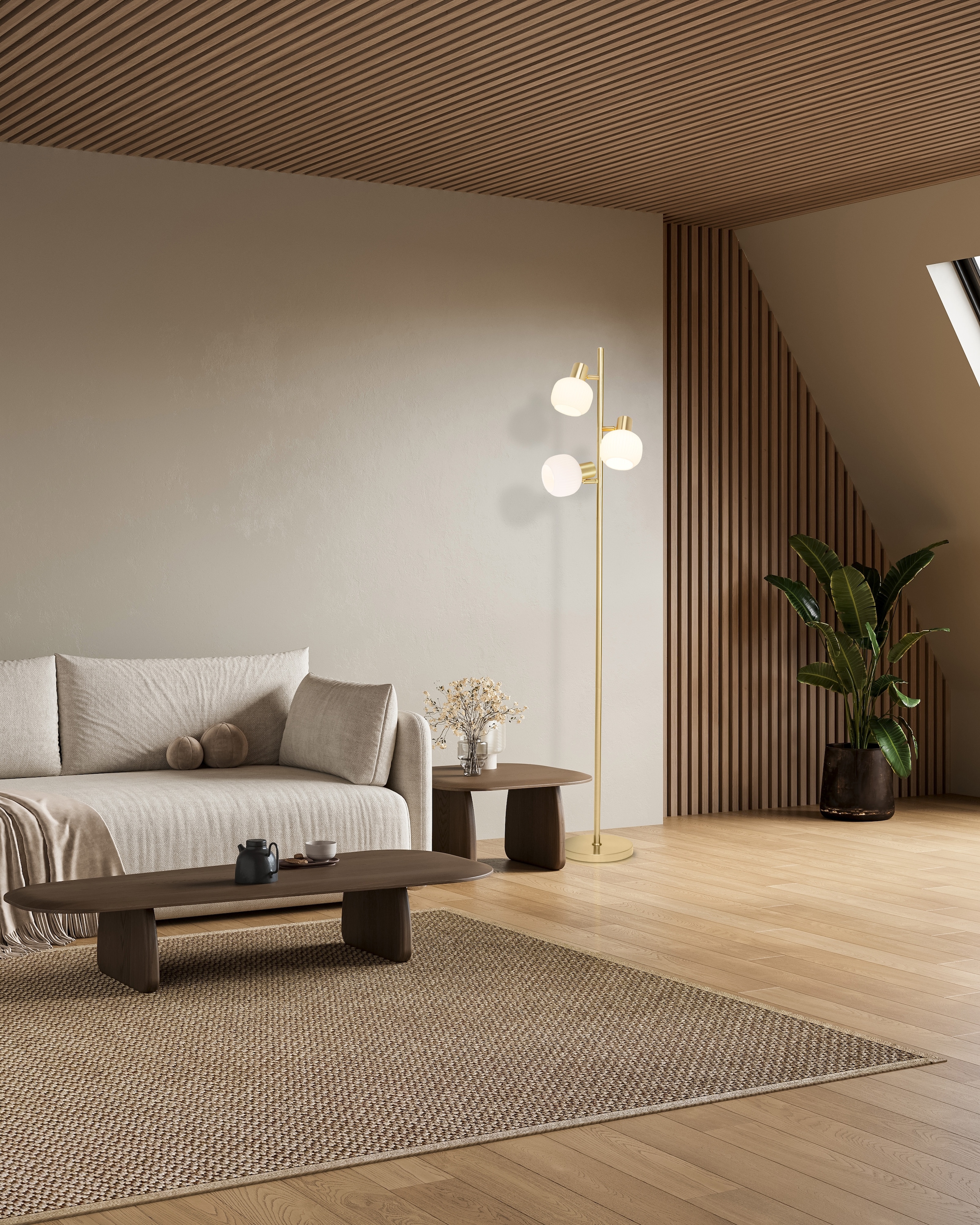 näve Stehlampe »Learta« E14 1 Stk. 3er Spot, exkl. 3x E14, messing matt, Glasschirme weiß opal, H: 154cm