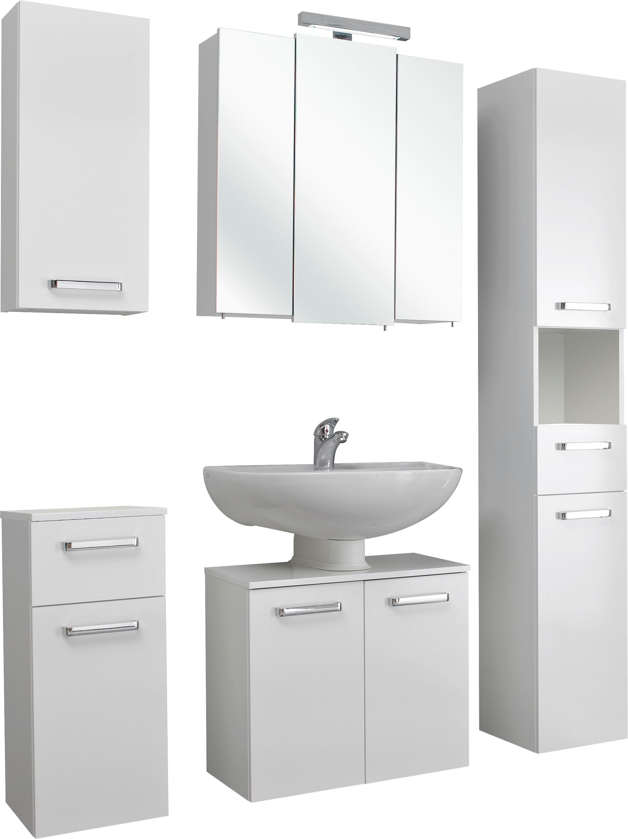 Saphir Badmöbel-Set »Quickset 5-teilig, Waschbeckenunterschrank mit LED-Spiegelschrank«, (5 St.), Hochschrank, Unterschrank, Hängeschrank, inkl. Türdämpfer, 8 Türen