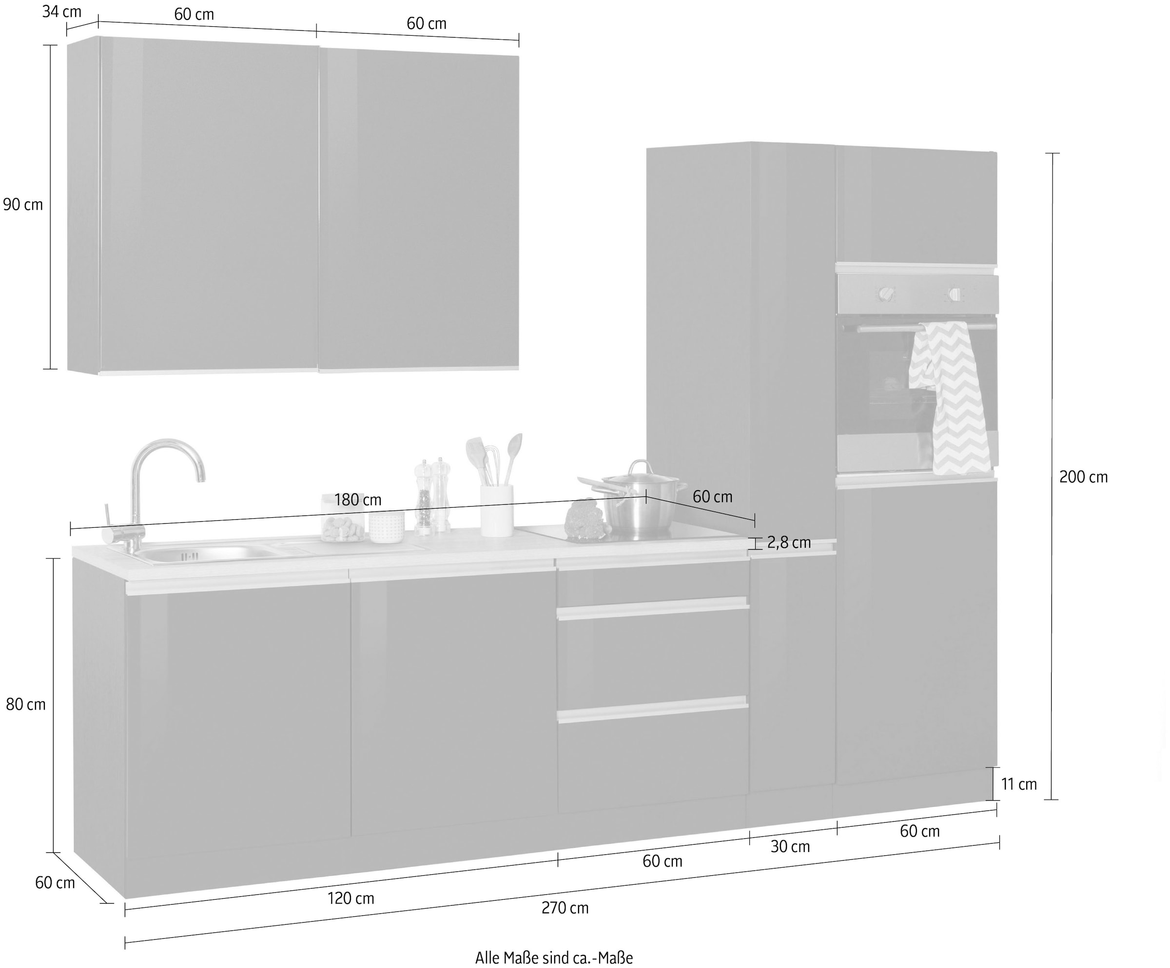 KOCHSTATION Küchenzeile »KS-Ohio«, ohne E-Geräte, Breite 270 cm