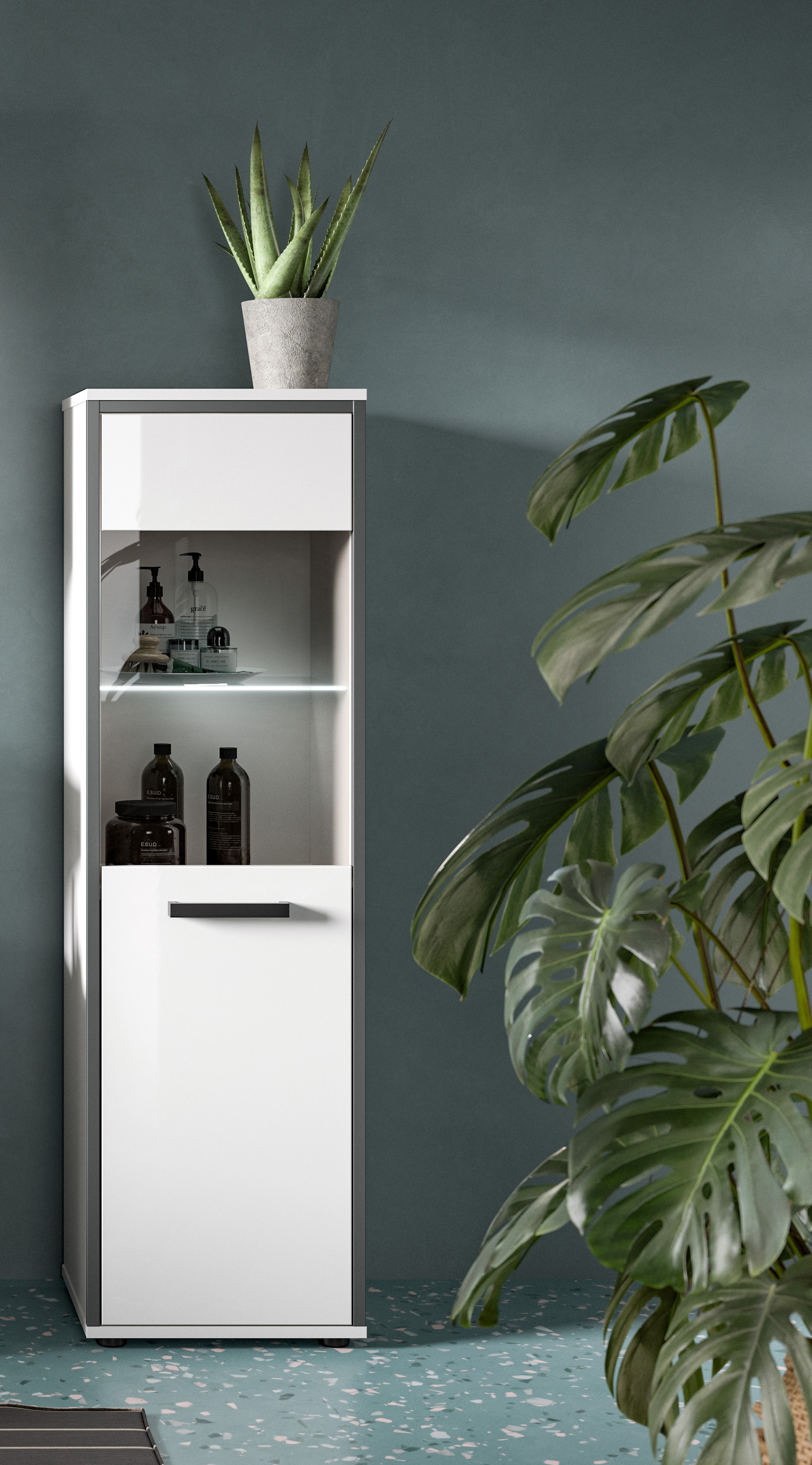 welltime Midischrank "KAJO, hochglanz Front, inkl. Beleuchtung, Glastür, 4 günstig online kaufen