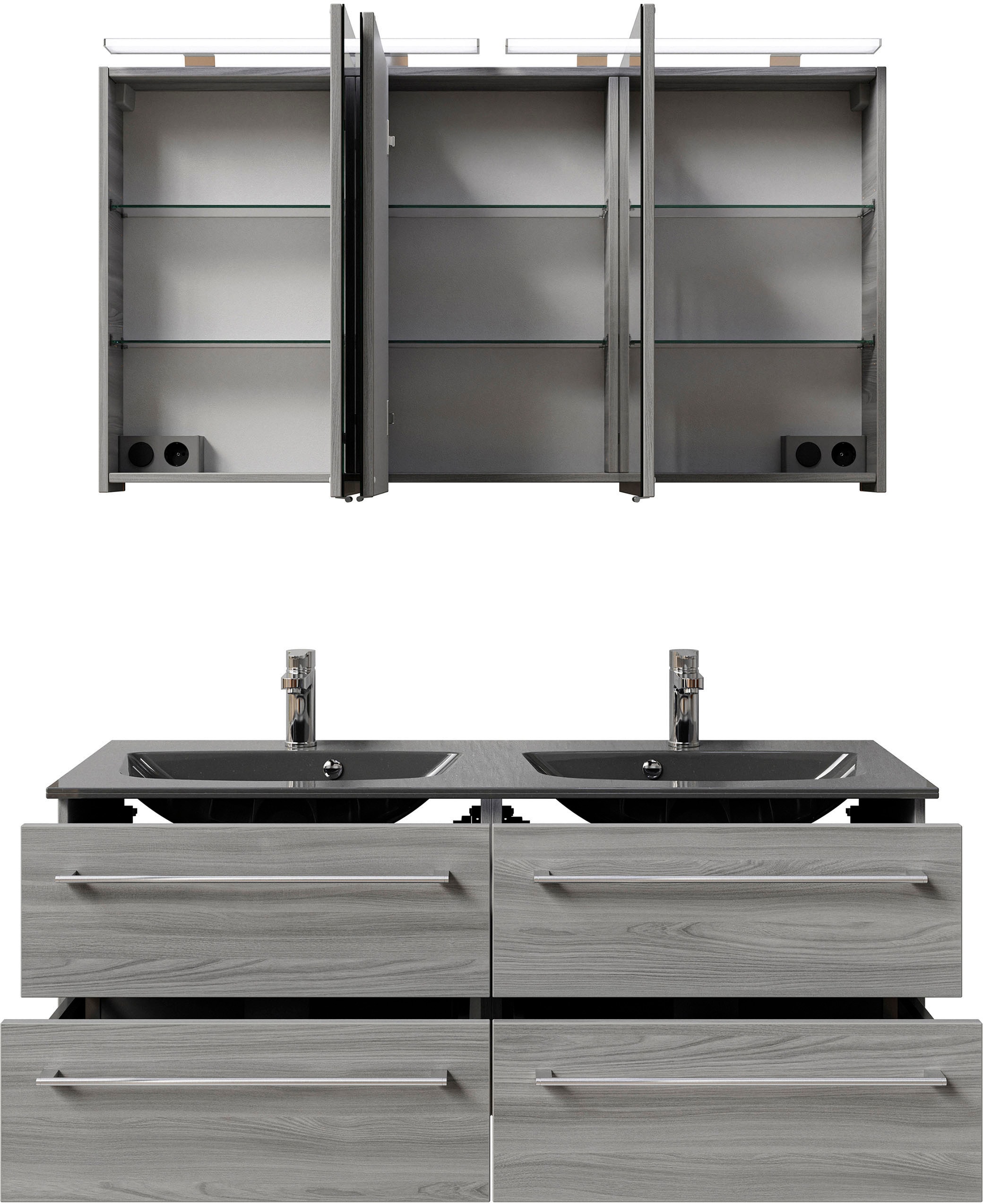 Saphir Badmöbel-Set »Serie 6025 2-teilig Mineralmarmor-Waschtisch mit LED-Spiegelschrank«, (2 St.), Waschplatz 132cm breit, 4 Schubladen, 2 Spiegel-Türen, inkl Türdämpfer