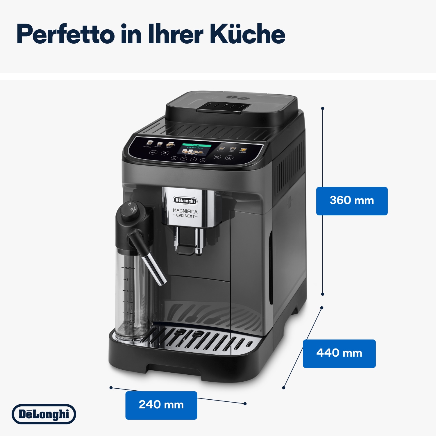 De'Longhi Kaffeevollautomat »Magnifica Evo Next ECAM310.60.GB, Barista-Genuss per Touch, grau« MyLatteFunktion, 3 Benutzerprofile, LatteCrema Milchsystem, 10 Rezepte