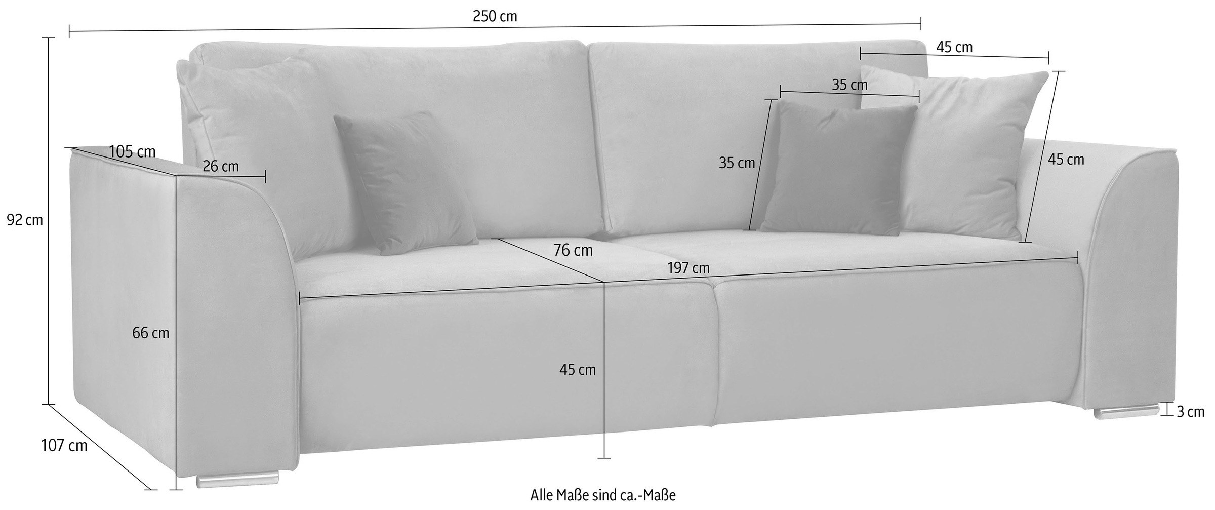 INOSIGN 3-Sitzer Beatrice Schlafsofa, wahlweise auch mit Bettfunktion und Bettkasten, incl. 2 Zierkissen