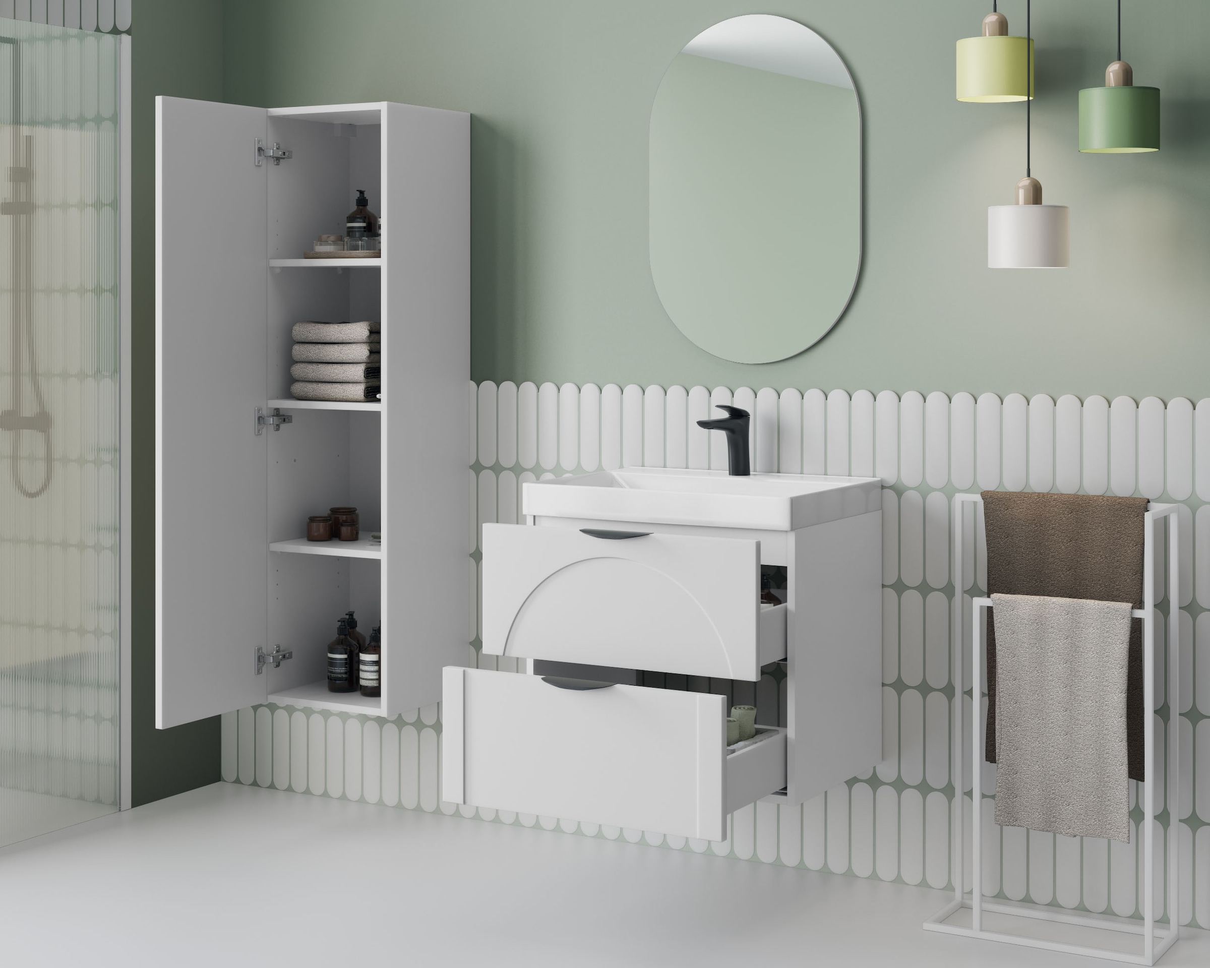 welltime Waschtisch »FLOW CIRCLE mit Waschbecken, Breite 60 oder 80cm, modernes Design« Schrank mit 2 Schubladen, Soft-Close-Function, in 2 Breiten erhältlich