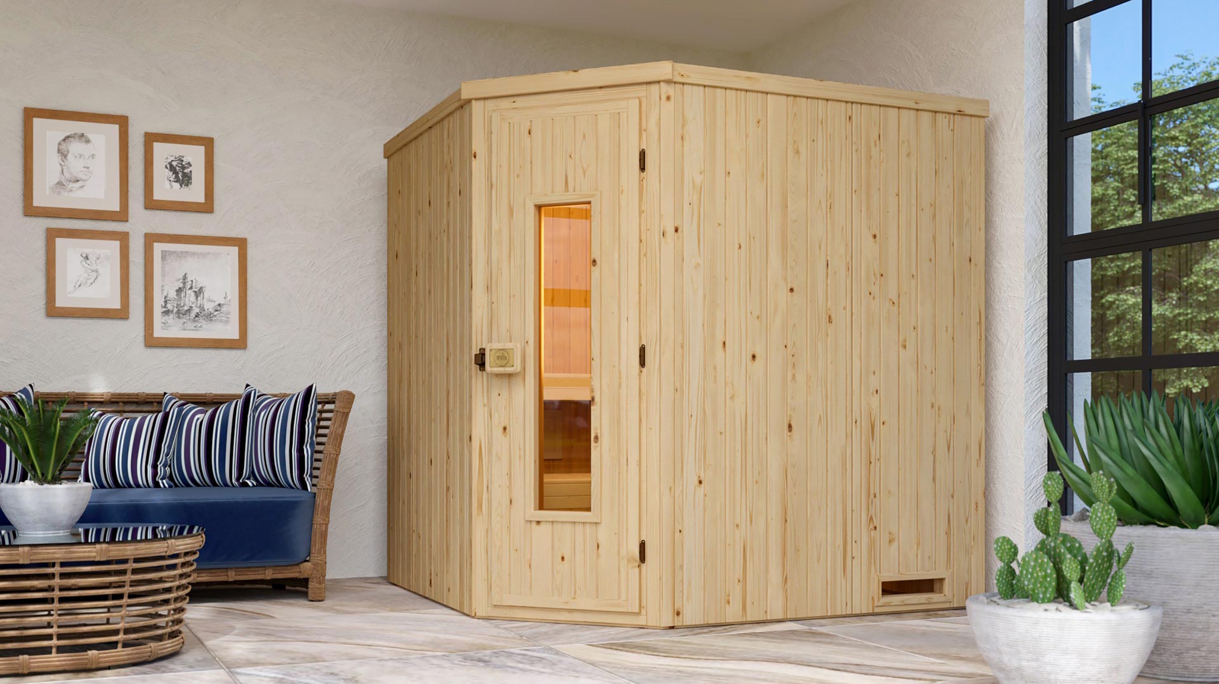 weka Sauna »Element-Ecksauna VARBERG 2«, vorgefertigte Elemente, isolierte Holztür