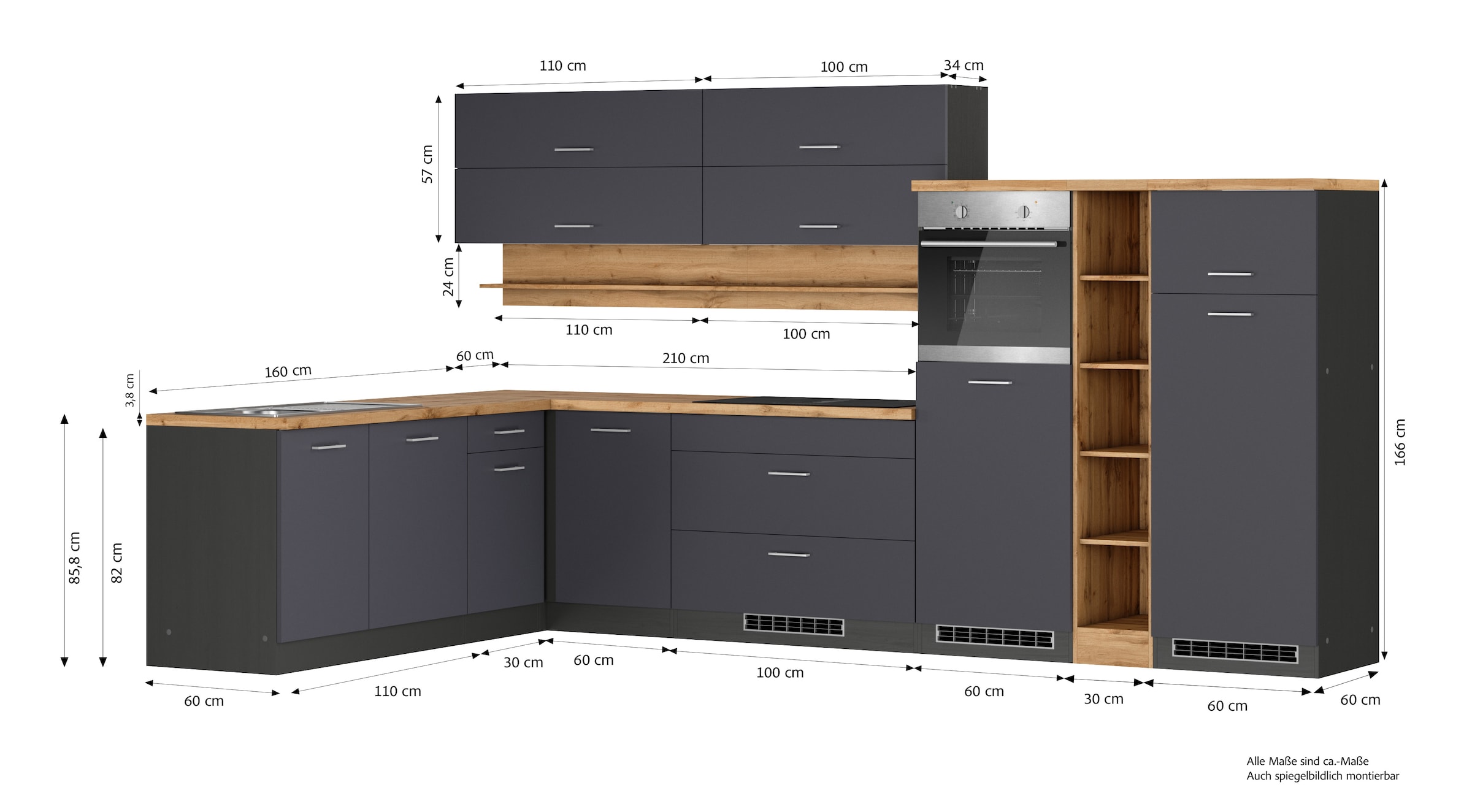 KOCHSTATION Winkelküche »KS-Milan, optional mit Muldenlüfter«, Stellbr.360/220 cm, wahlweise mit E-Geräten, Kochfeld mit Dunstabzug