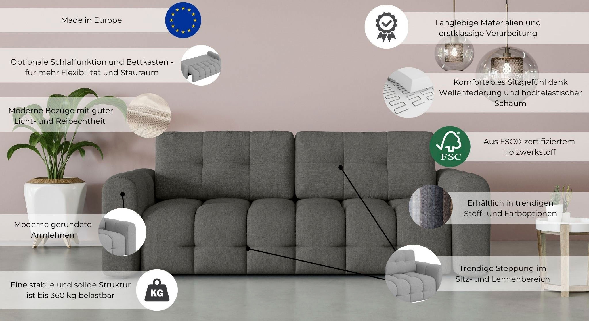INOSIGN 3-Sitzer »Manilla, wahlweise mit Bettfunktion, B/T/H 265/117/91 cm«, mit Wellenunterfederung, in verschiedenen Materialien und Farben