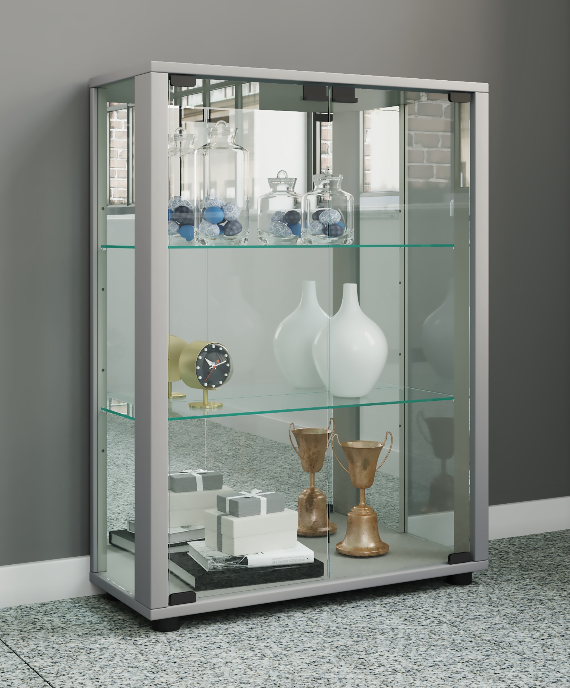 VCM Vitrine »VCM Glasvitrine stehend | Vitrine Glas mit ESG-Sicherheitsglas | Maße ca. H. 80 x B. 60 x T. 25 cm | Standvitrine Glas | Modern und platzsparend | Glas Vitrinenschrank ¿ Sintalo Spiegel«, (1 St.)