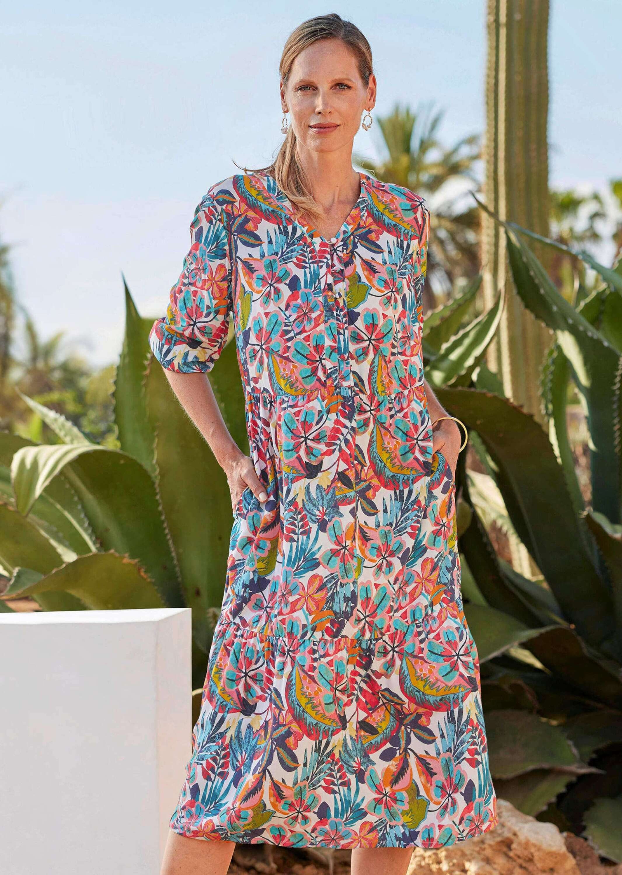 GOLDNER Sommerkleid »Kurzgröße Midikleid, Allover-Print, V-Ausschnitt« Teilungsnaht