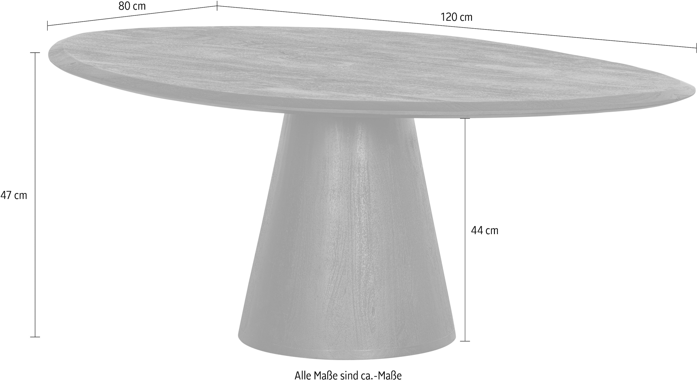 WOOOD Couchtisch »Posture aus Mangoholz mit organischer Platte und Standfuß 120x80x47 cm« Tragkraft 15 kg, Standfuß Ø 19–39 cm, Plattendicke 3 cm