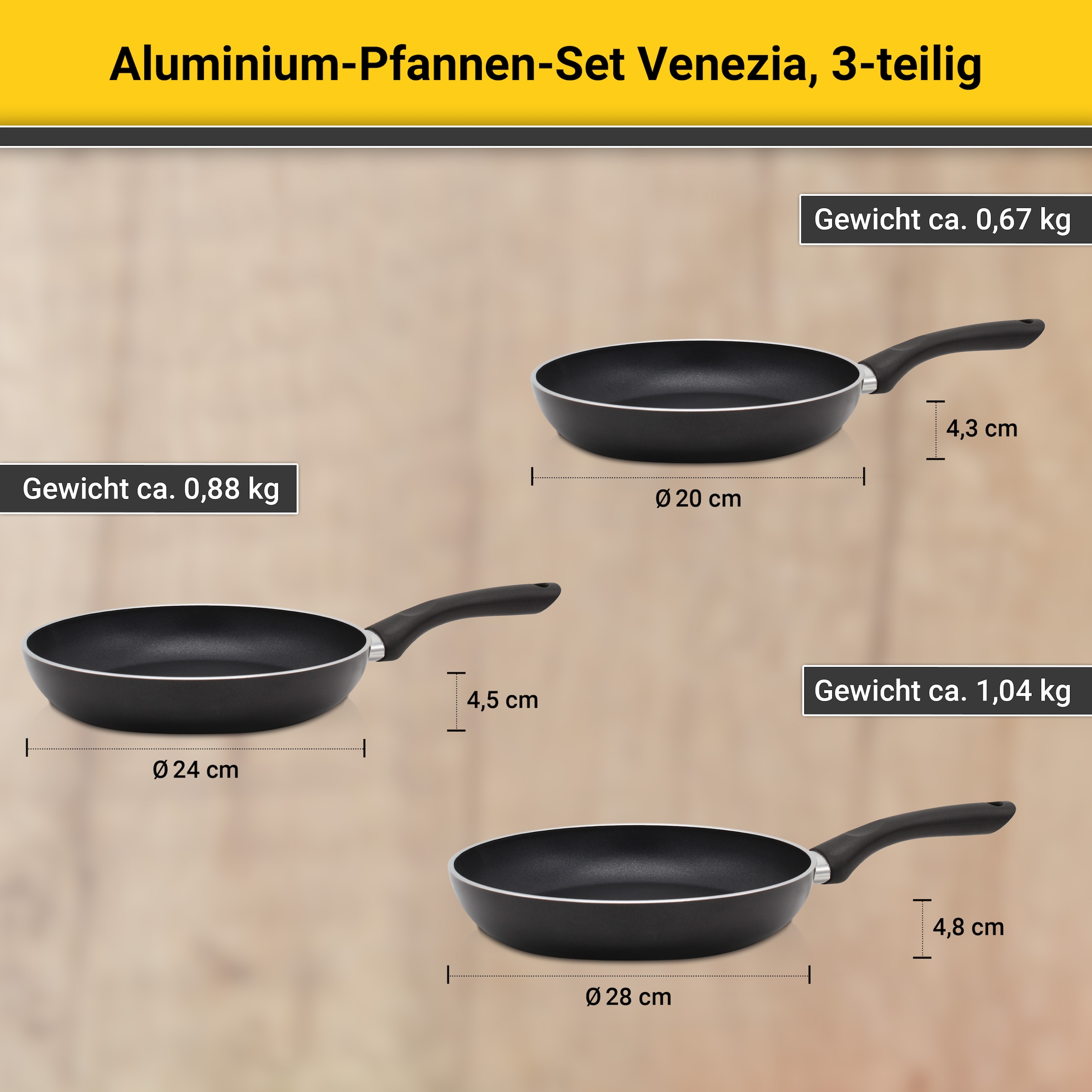 Krüger Pfannen-Set »Venezia«, Aluminium, (Set, 3 tlg.), Ø 20/28/28 cm, Induktion