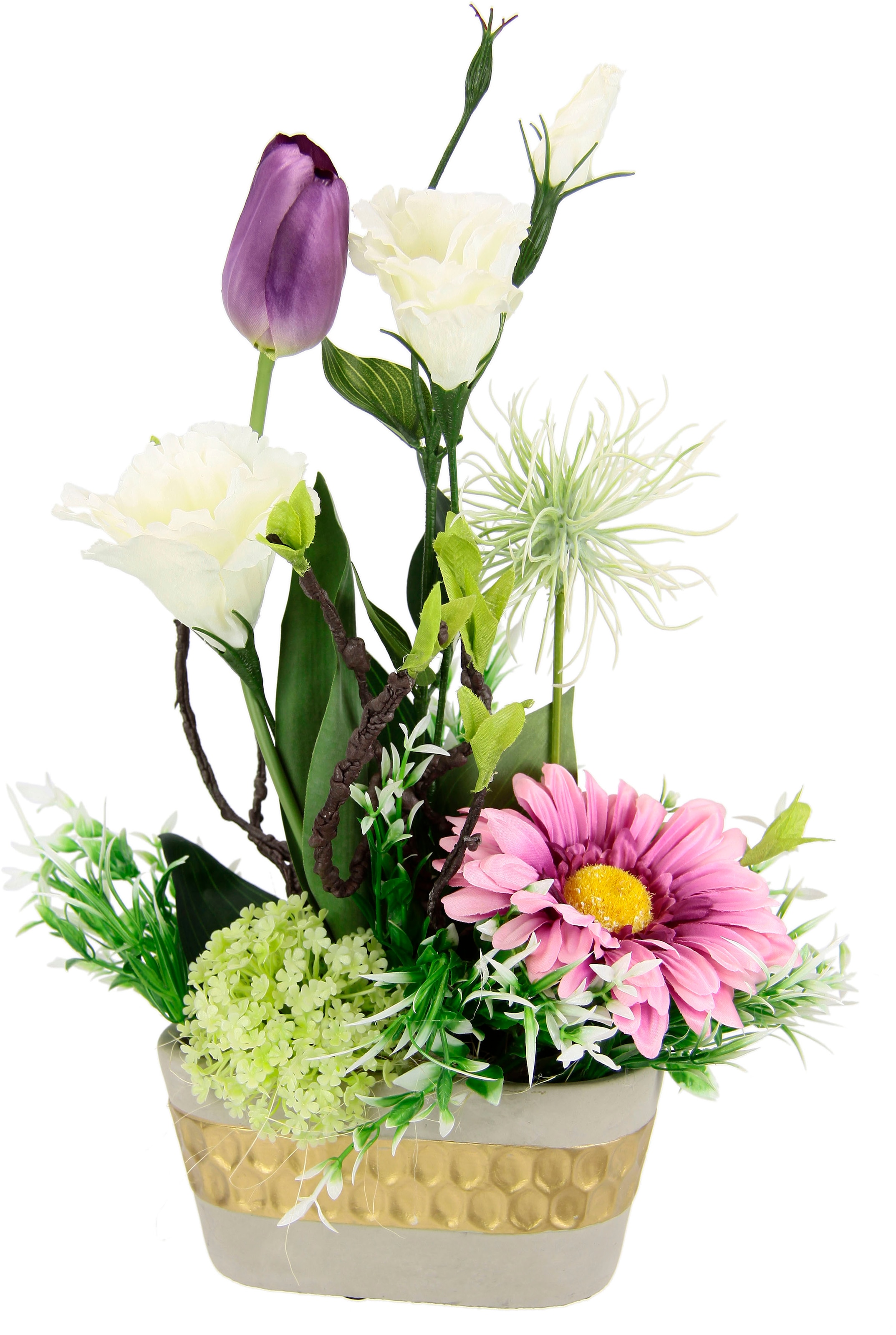 I.GE.A. Kunstblume »Arrangement Ranunkel/Lysianthus«, Pflanzschale aus Rinde mit Moos