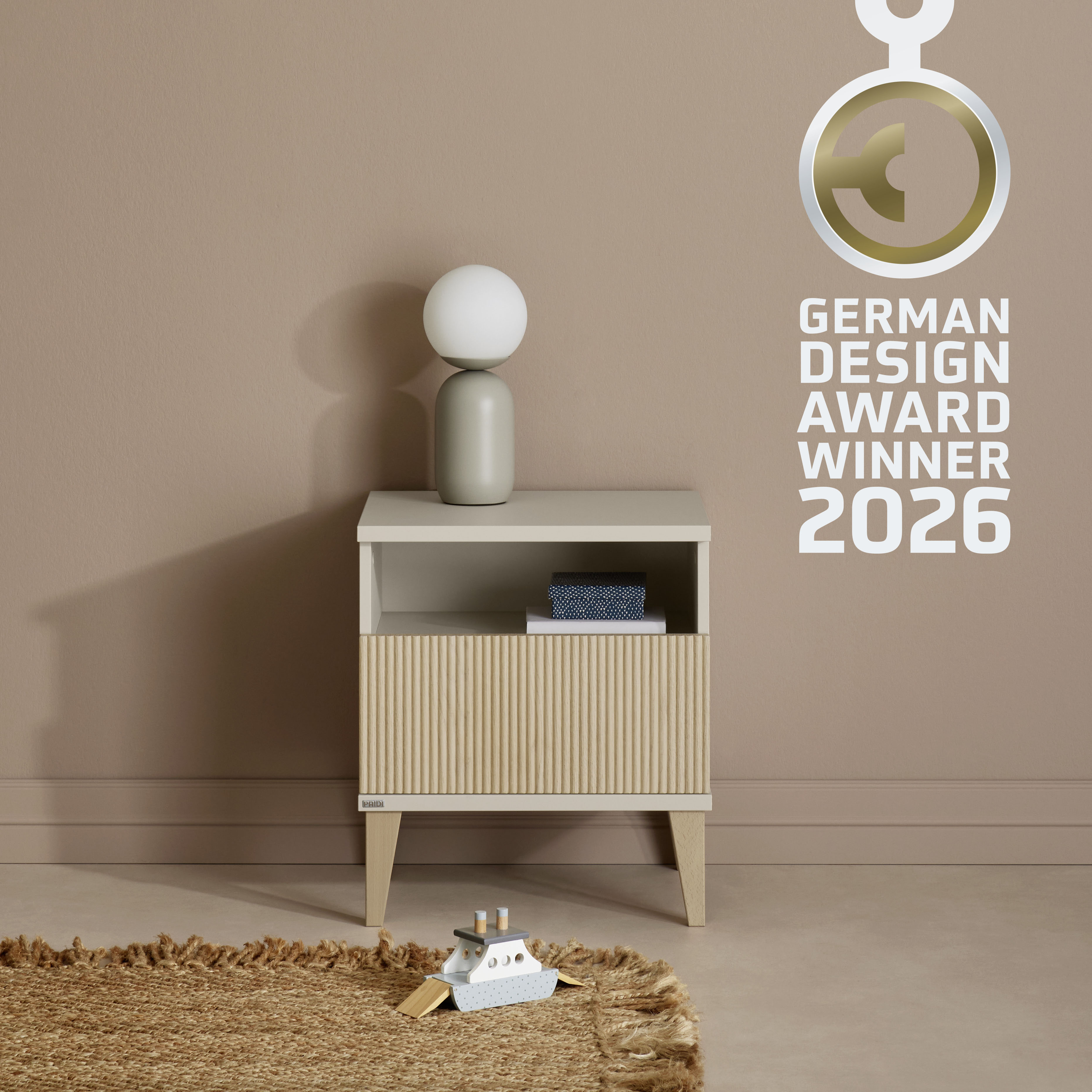 PAIDI Nachtkommode "JONTE in Beige, Schublade mit Soft-Close" B/H/T ca. 48/55/40cm, Cashmere-Beige/Light Oak, moderner & stabiler Nachttisch mit Massivholz-Füßen