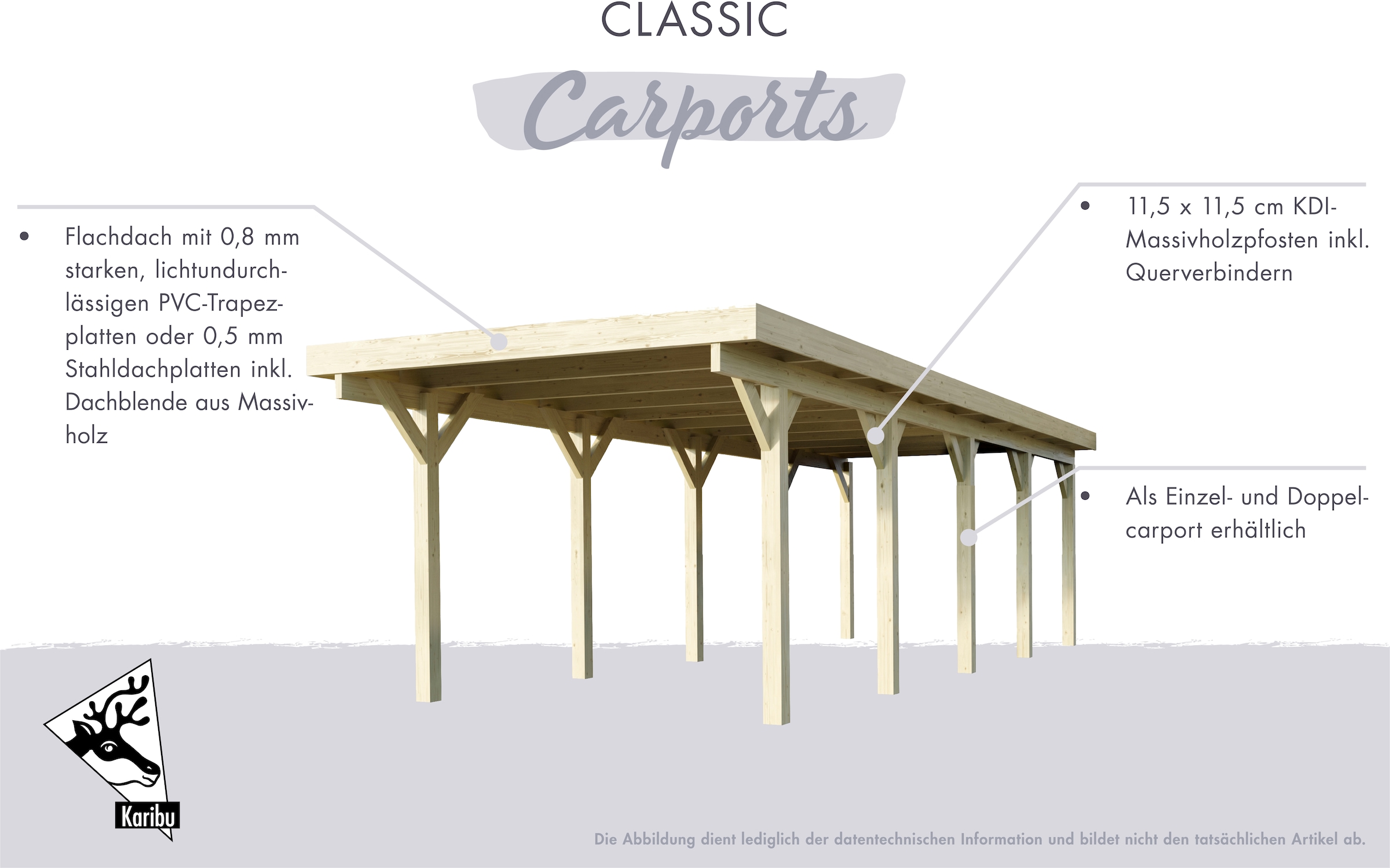 Karibu Doppelcarport »Classic 2«, Holz, 540 cm, braun, mit Rückwand und 3 Seitenwänden