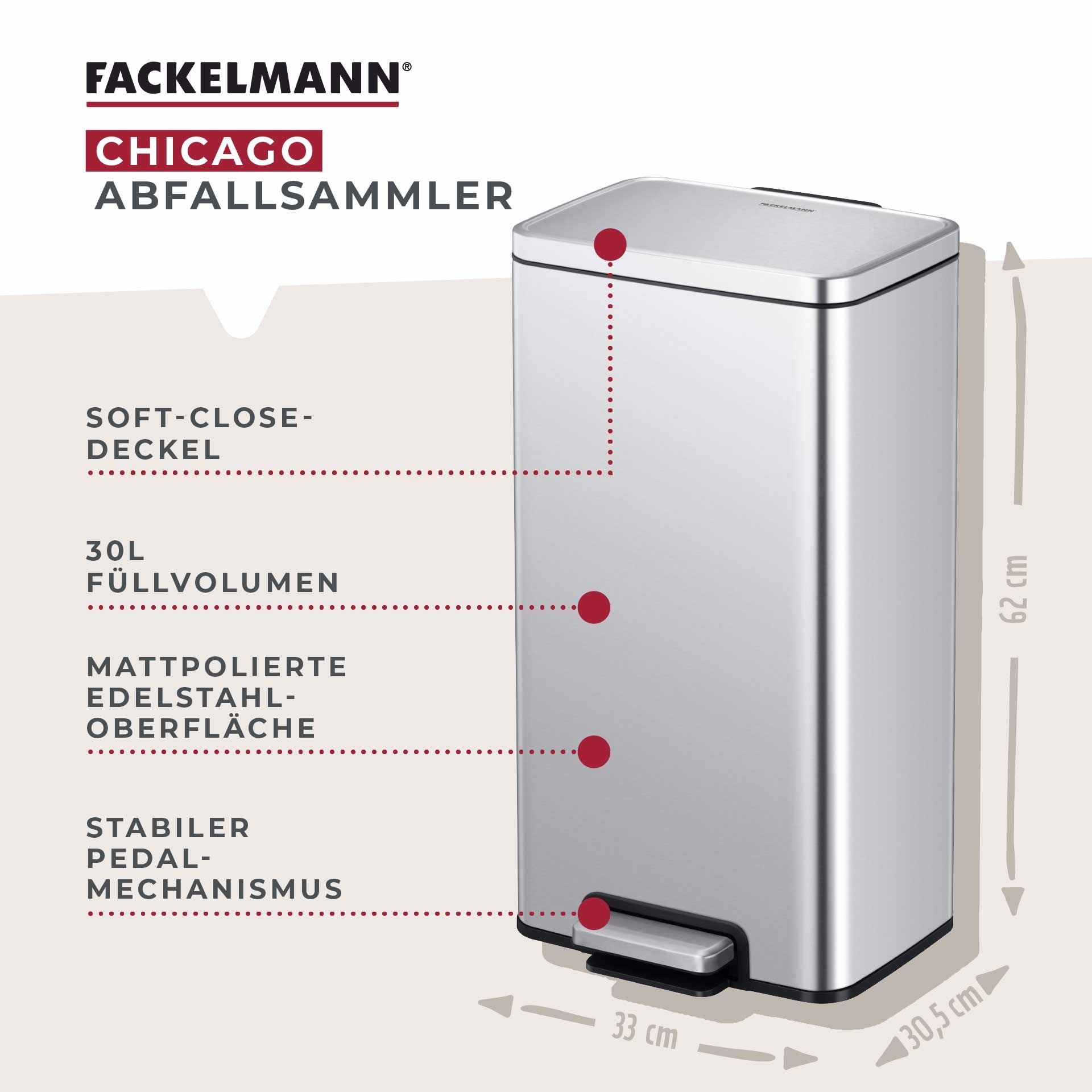FACKELMANN Mülleimer "CHICAGO, Pedal-Abfalleimer 30L" 1 Behälter fingerabdr günstig online kaufen