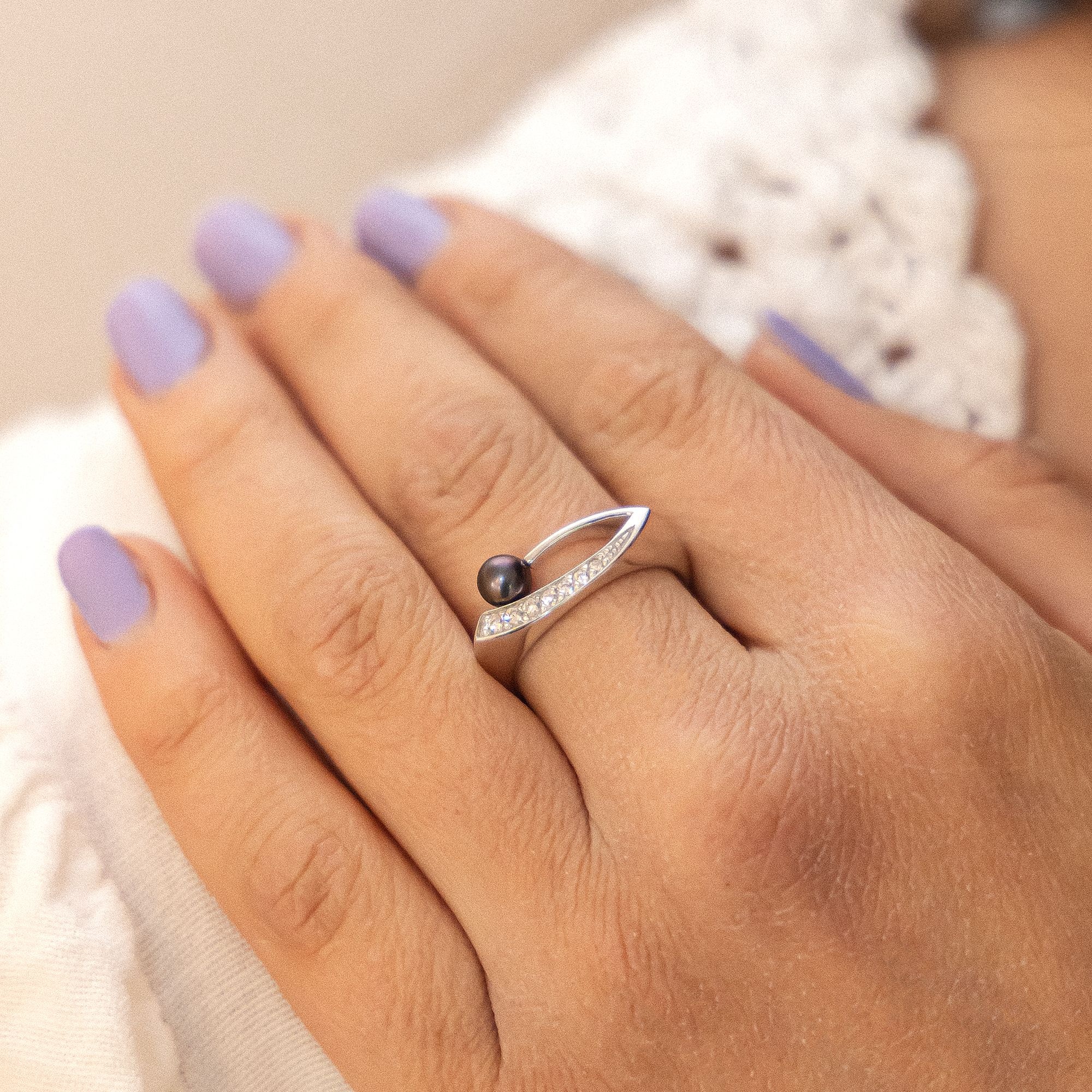 Zeeme Fingerring »Silber 925 rhodiniert mit schwarzer Perle & Zirkonia weiß«