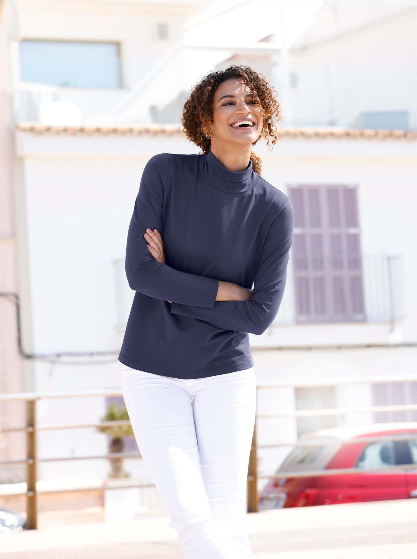 Rollkragenshirt CASUAL LOOKS "Rollkragen-Shirt", Damen, Gr. 40, blau (marine), 95% Baumwolle, 5% Elasthan, unifarben, Shirts
