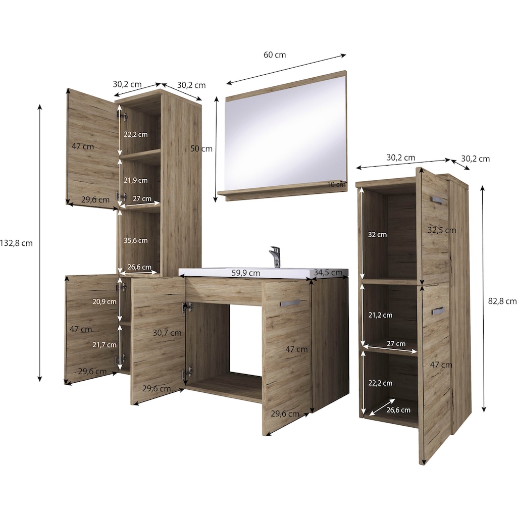 welltime Badmöbel-Set »PARLA«, (Komplett-Set, 5 St.), Waschtisch inkl. Waschbecken, Spiegel, Hochschrank und Hängeschrank