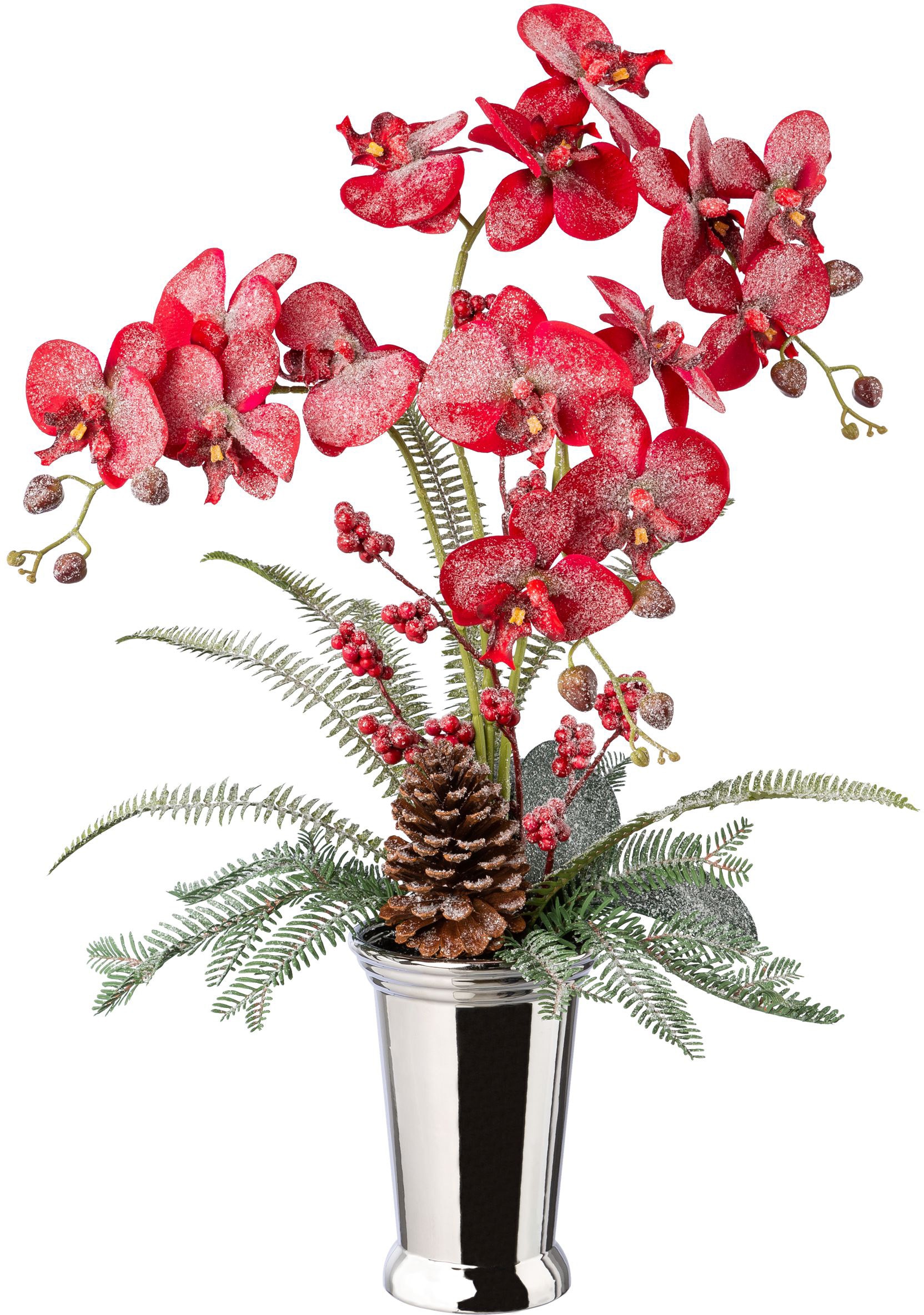 Winterliche Kunstpflanze »Weihnachtsdeko«, Gesteck in Keramikvase, dekoriert mit...