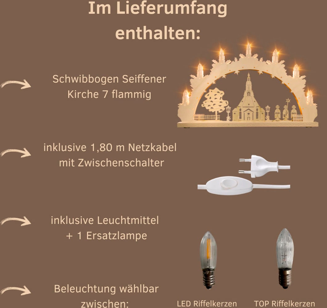 Weigla Schwibbogen »Seiffener Kirche, Lichterbogen aus Holz, NATUR«, Erzgebirge garantiert, Weihnachtsdeko Innen, Weihnachtsbeleuchtung