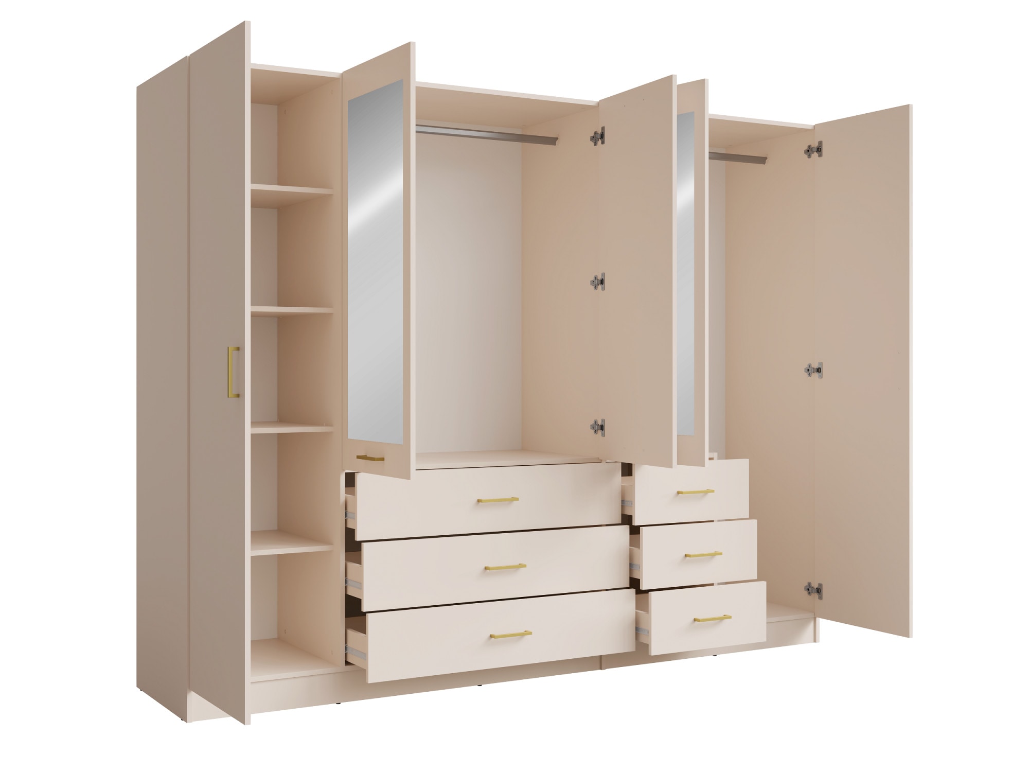 Home affaire Kleiderschrank »KOS Garderobe mit 6 Schubladen, Kleiderstange, 5 Einlegeböden, Spiegel« Kleiderschrank mit 5 Türen, goldenen Griffen, Maße B/H/T 250/200/58 cm